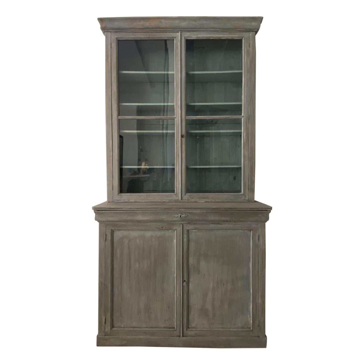 Handsome Vintage Grey and Blue French Display Cabinet
