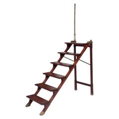 Handsome Vintage Large English Brown Leather & Brass Folding Library Ladder