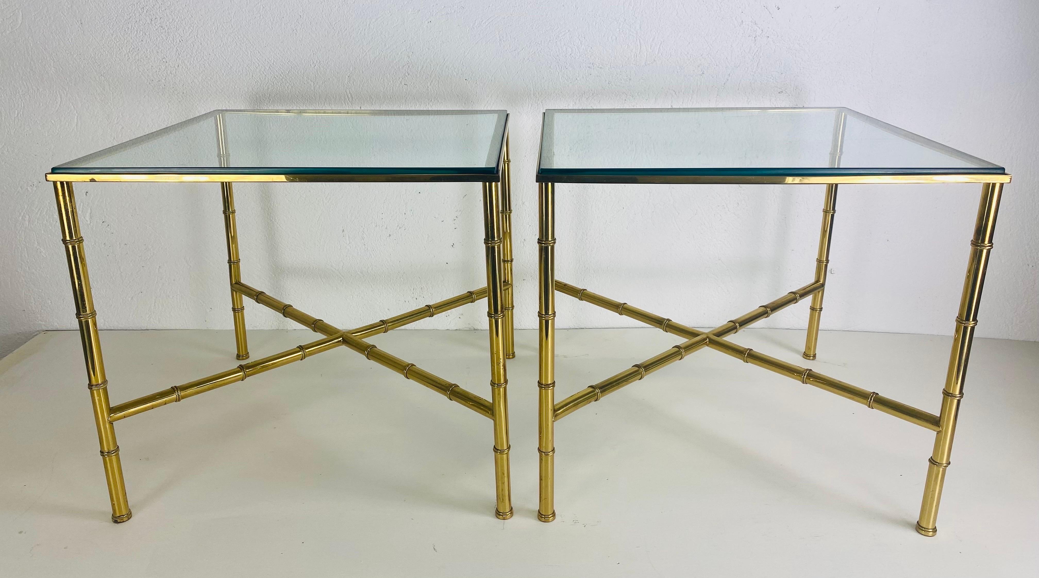 Metalwork Handsome vintage solid brass Regency inspired faux bamboo side tables For Sale