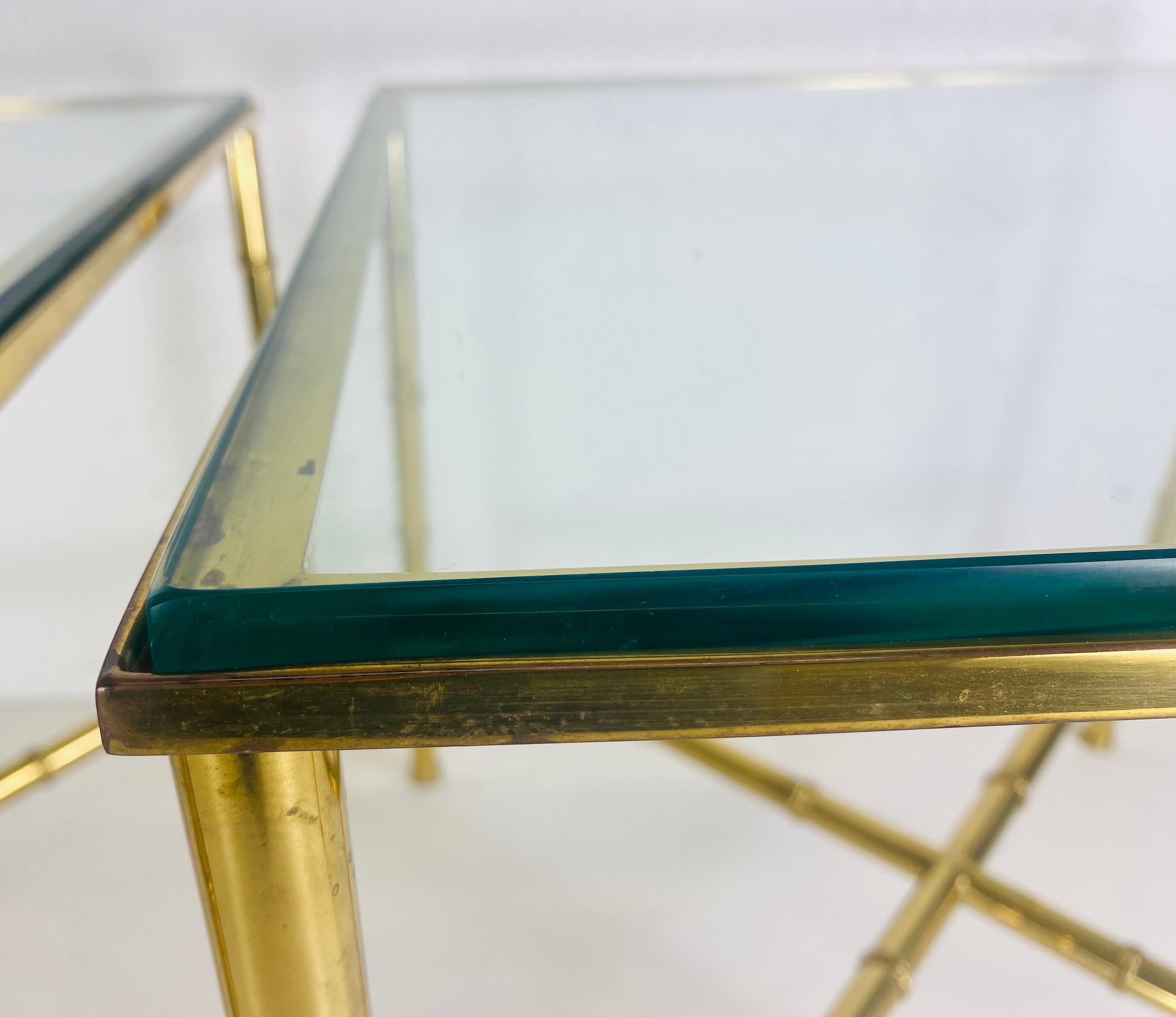 Late 20th Century Handsome vintage solid brass Regency inspired faux bamboo side tables For Sale