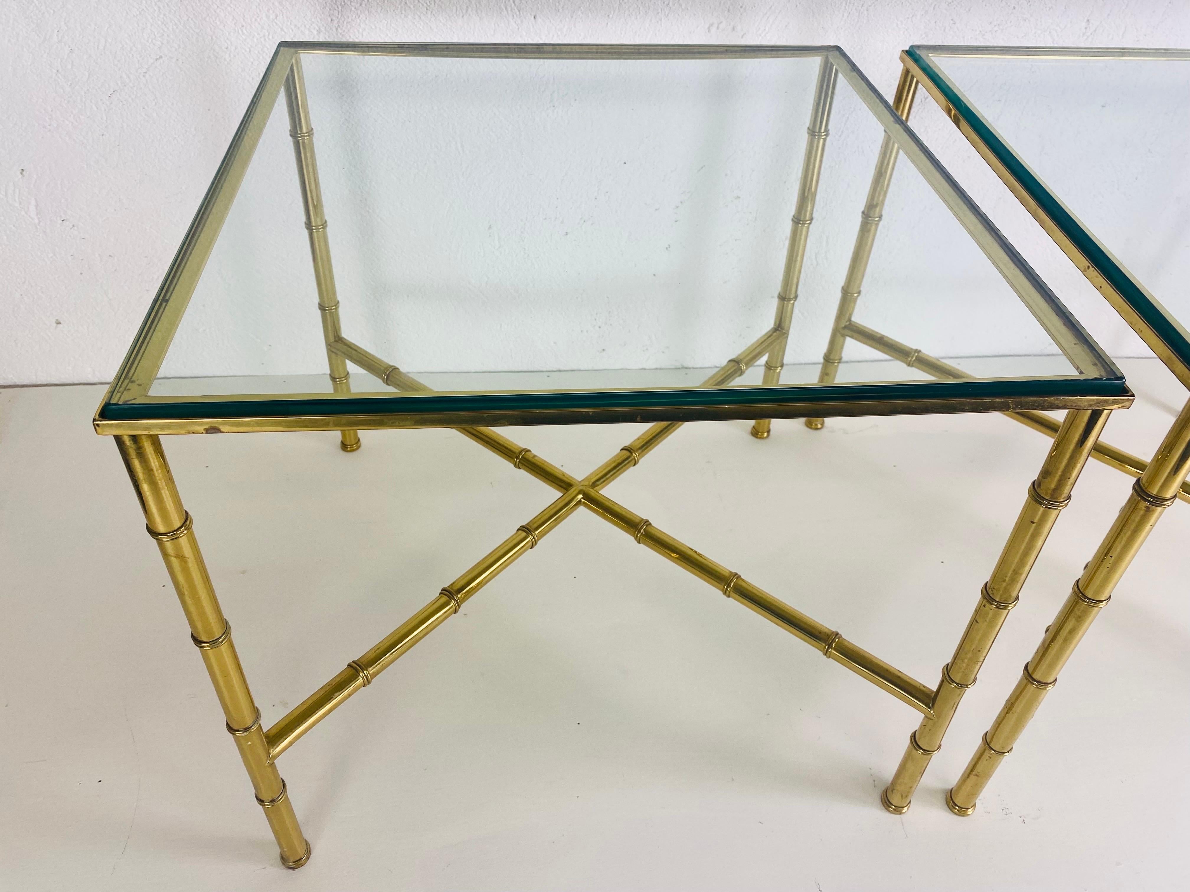 Brass Handsome vintage solid brass Regency inspired faux bamboo side tables For Sale