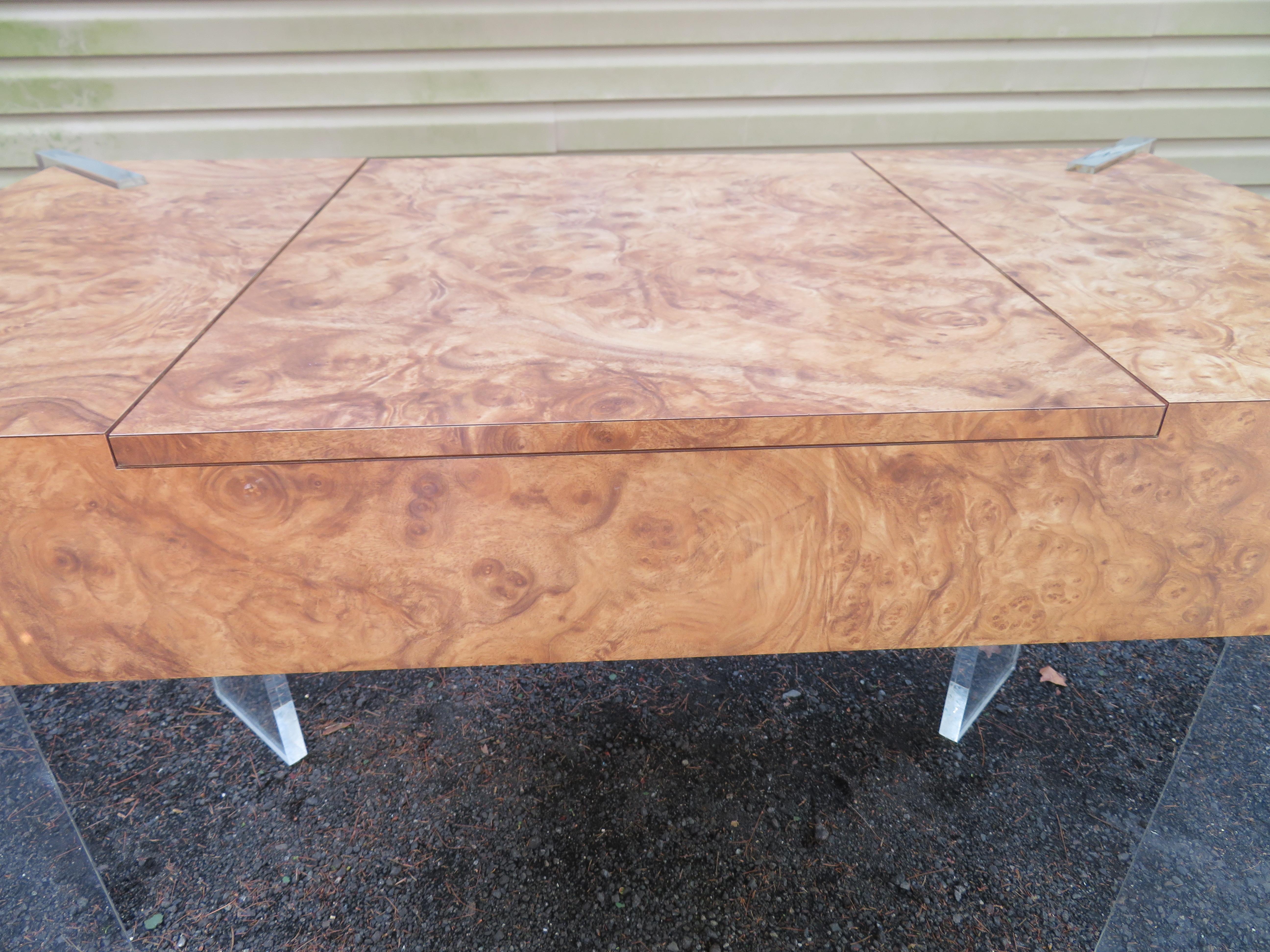 Handsome Burl Laminate Game Table Desk with Lucite Chair For Sale 4