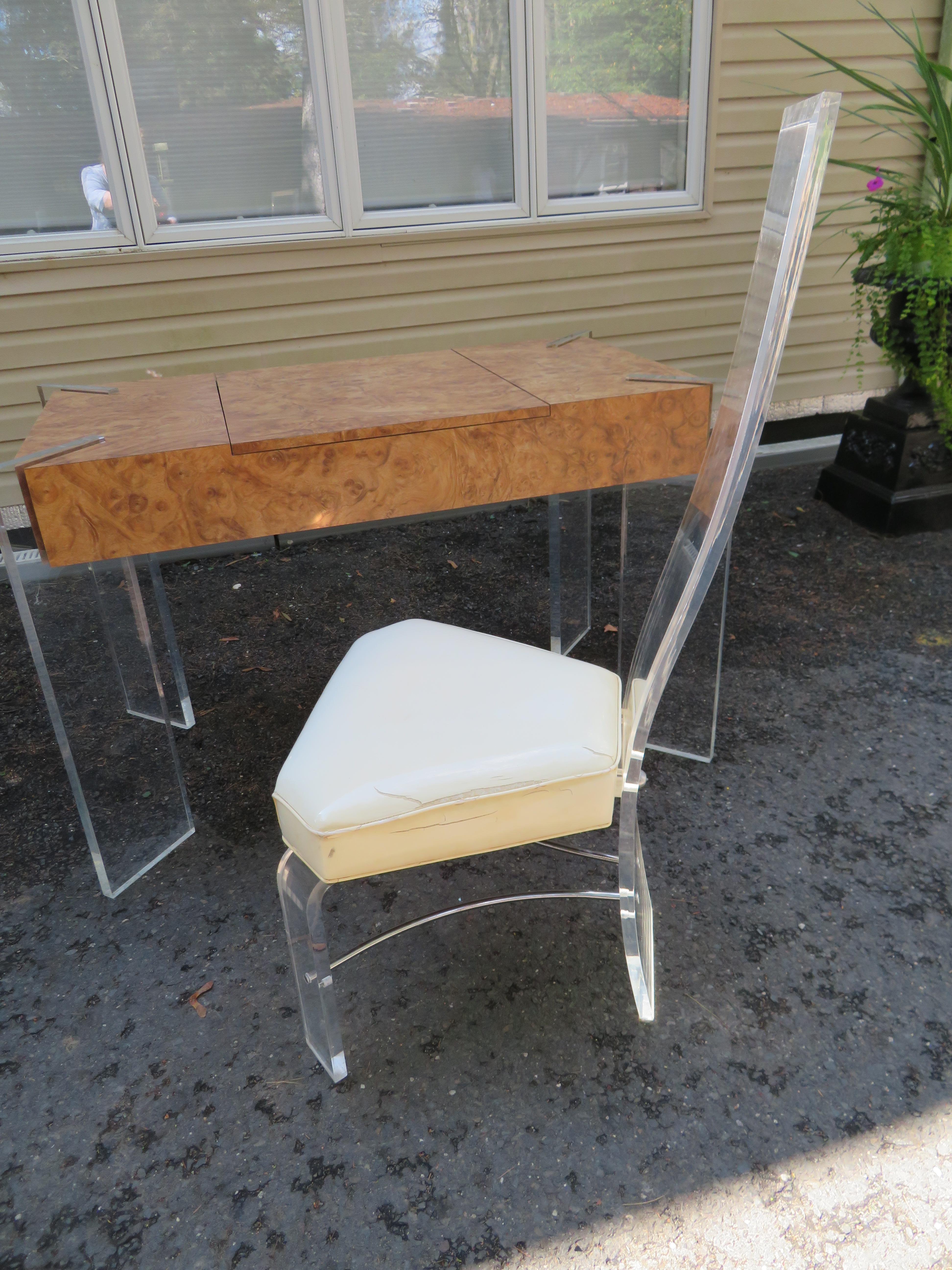 Handsome Burl Laminate Game Table Desk with Lucite Chair For Sale 4