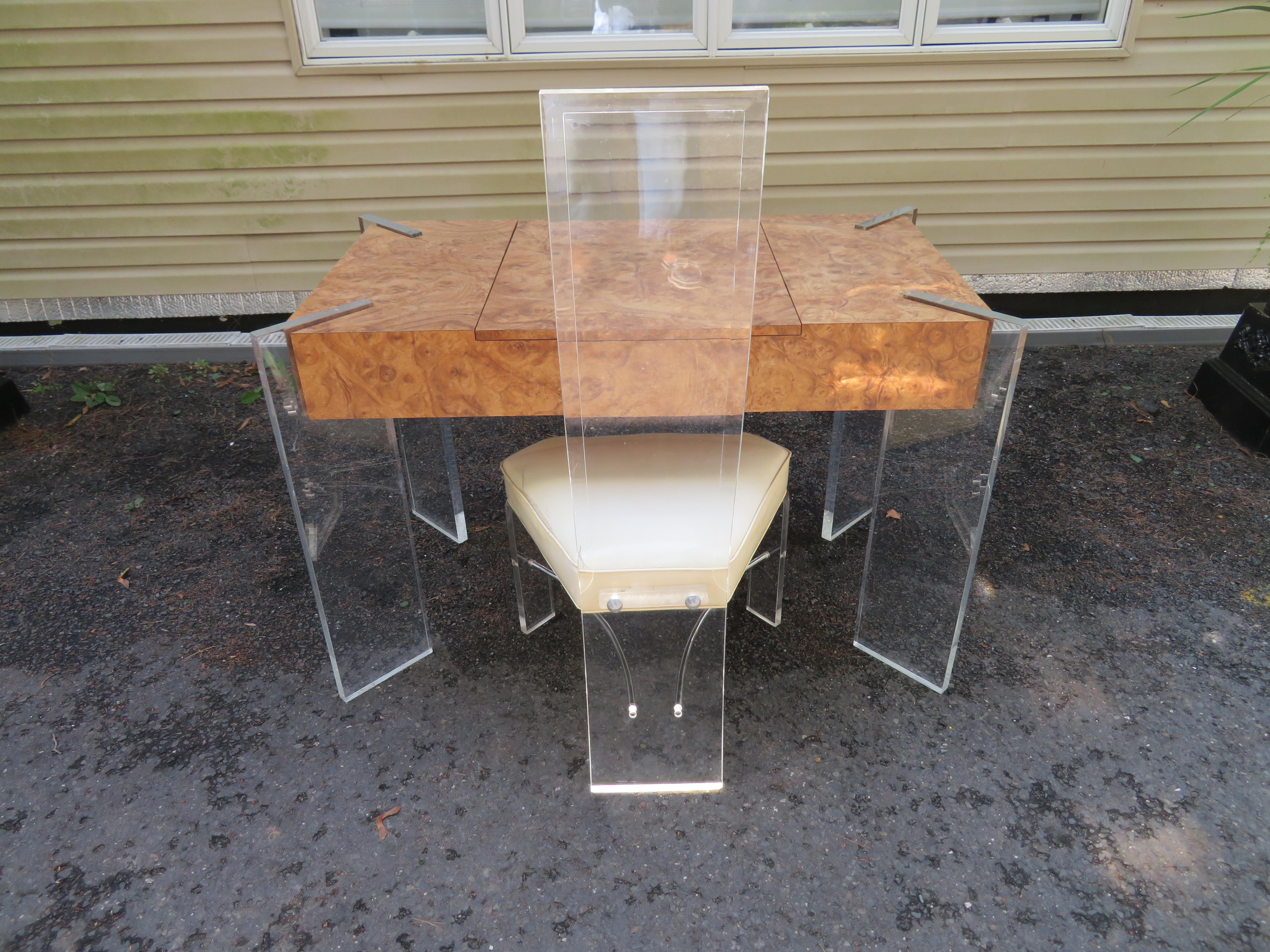 Handsome Burl Laminate Game Table Desk with Lucite Chair For Sale 10