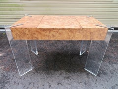 Handsome Burl Laminate Game Table Desk with Lucite Chair