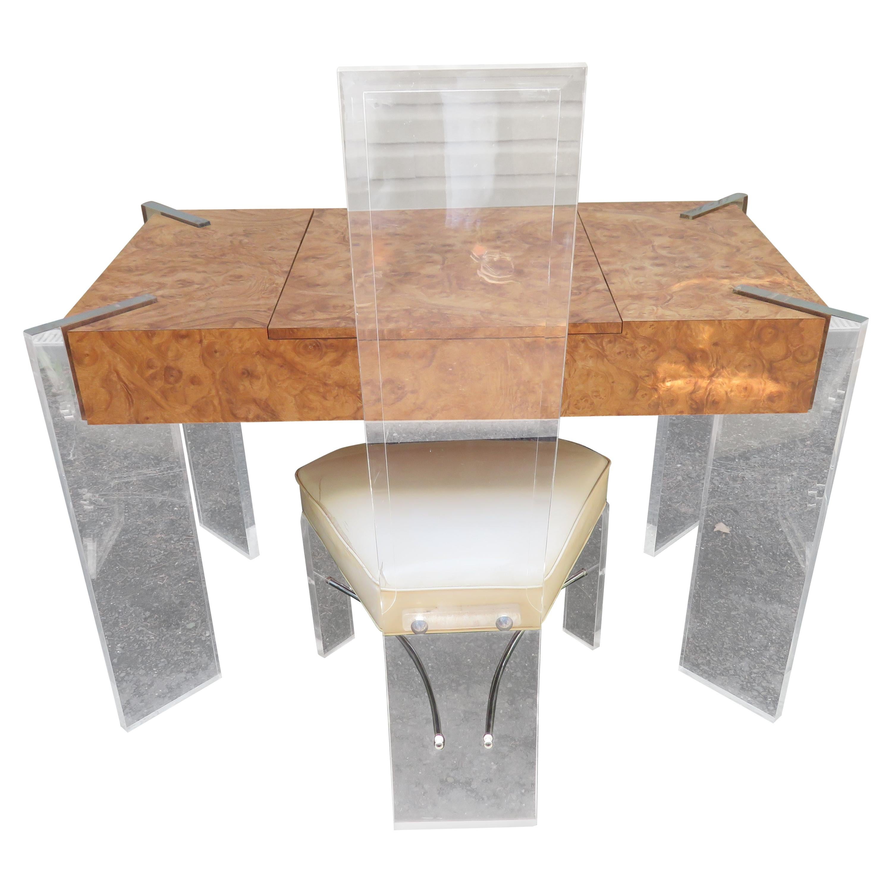 Handsome Burl Laminate Game Table Desk with Lucite Chair