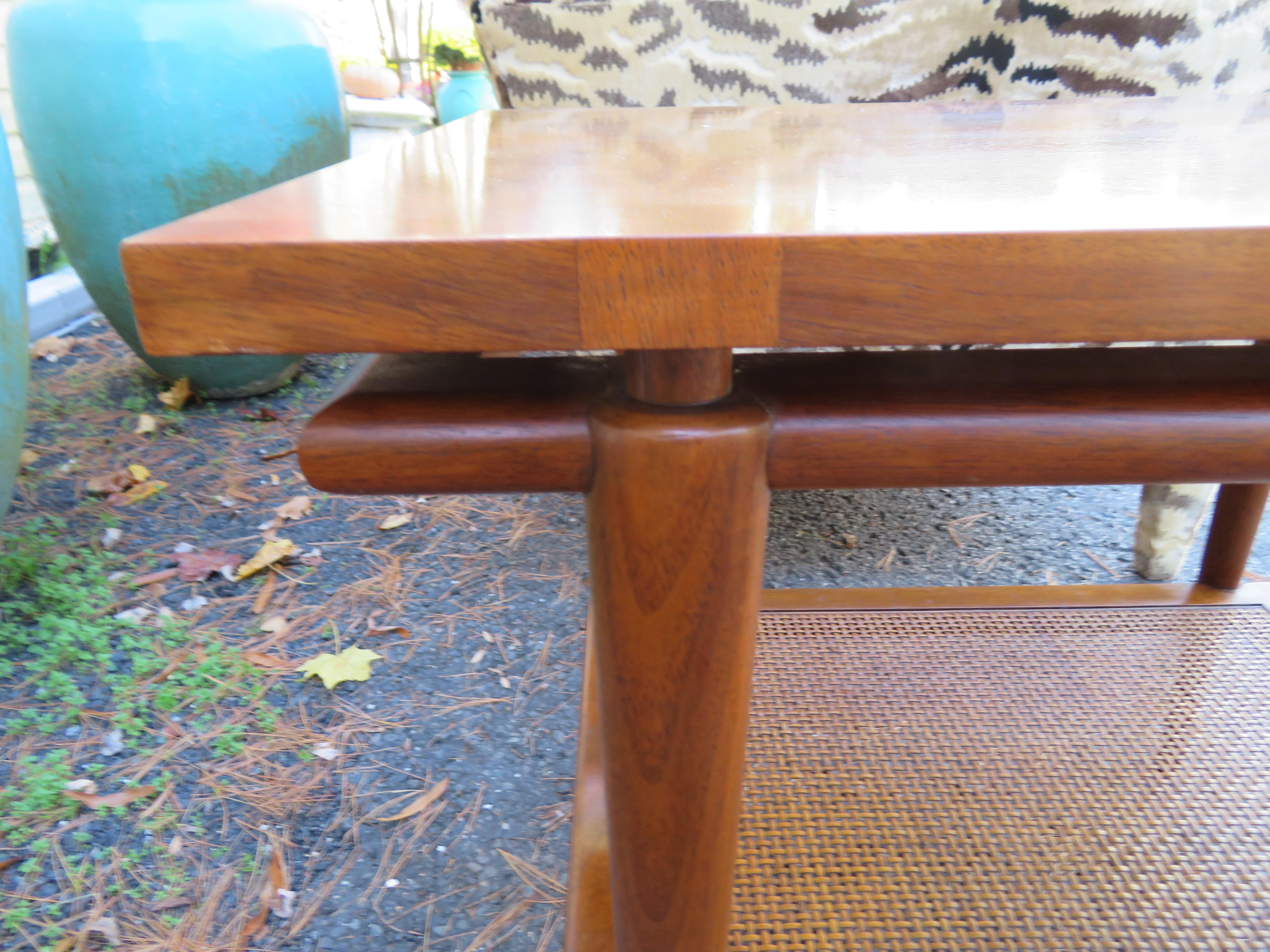 Handsome Widdicomb Two-Tier Walnut and Cane Side Table Mid-Century 4