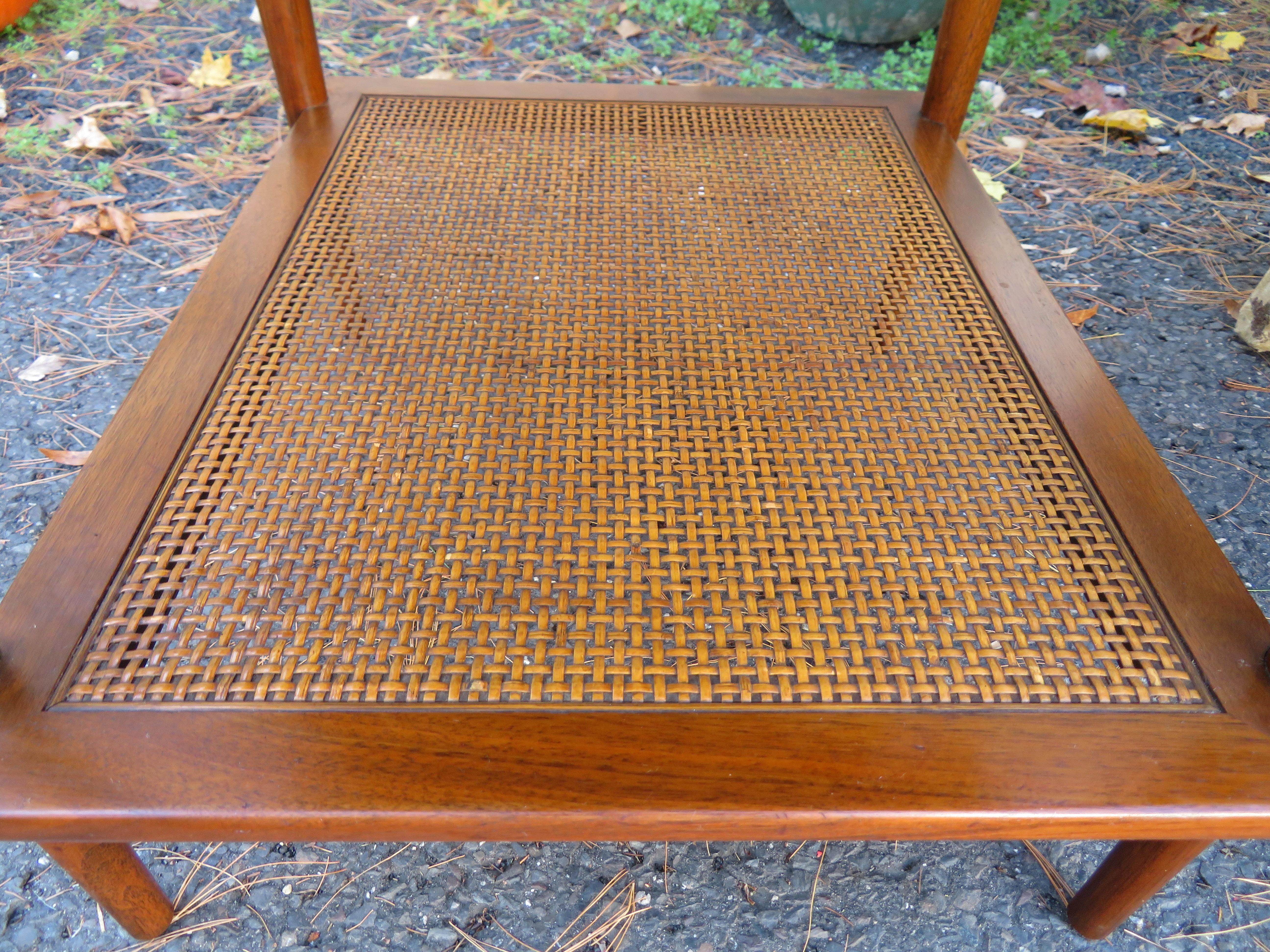 Mid-Century Modern Handsome Widdicomb Two-Tier Walnut and Cane Side Table Mid-Century