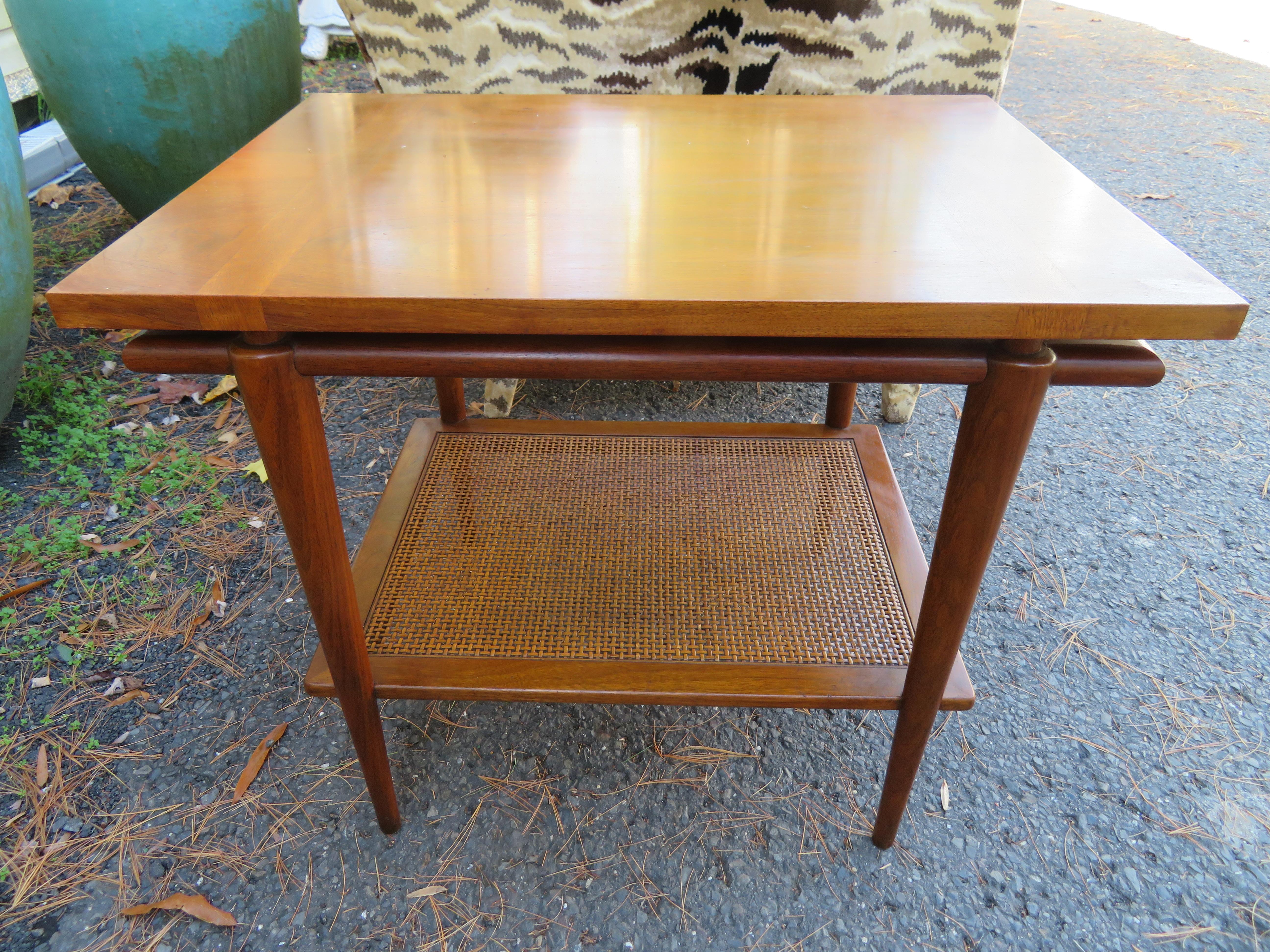 American Handsome Widdicomb Two-Tier Walnut and Cane Side Table Mid-Century