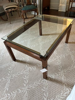 Handsome Wood & Brass Coffee Table with Floating Glass Top