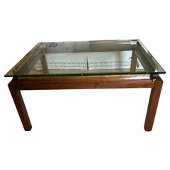 Handsome Wood & Brass Coffee Table with Floating Glass Top