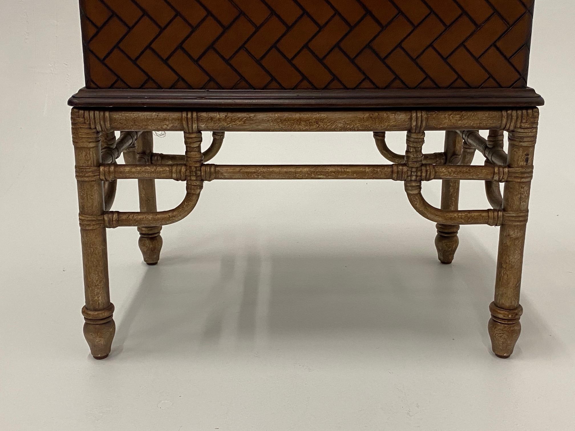 Handsome Woven Wooden Box on Bamboo Stand End Table For Sale 3