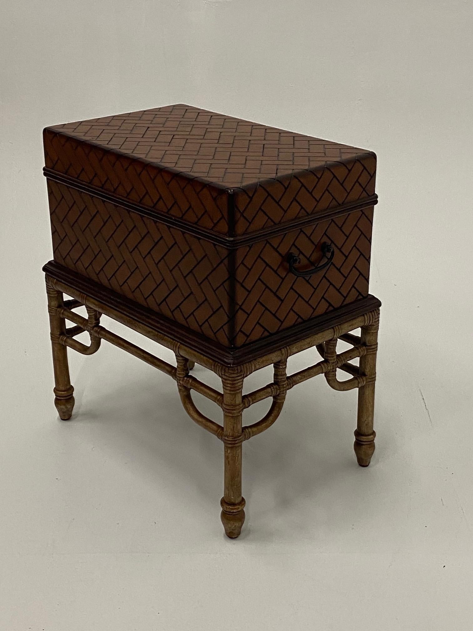 Philippine Handsome Woven Wooden Box on Bamboo Stand End Table For Sale