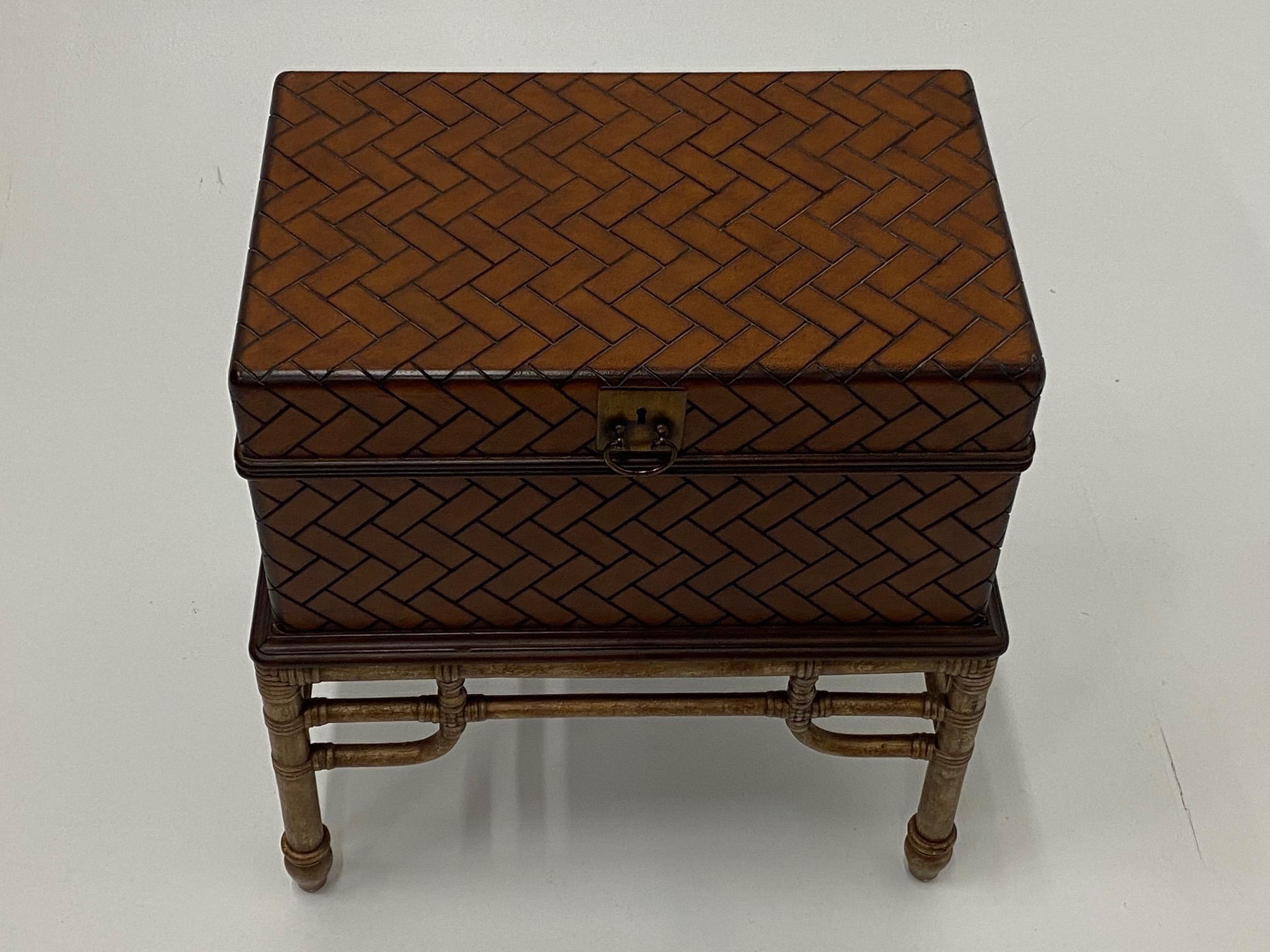 Handsome Woven Wooden Box on Bamboo Stand End Table In Excellent Condition For Sale In Hopewell, NJ