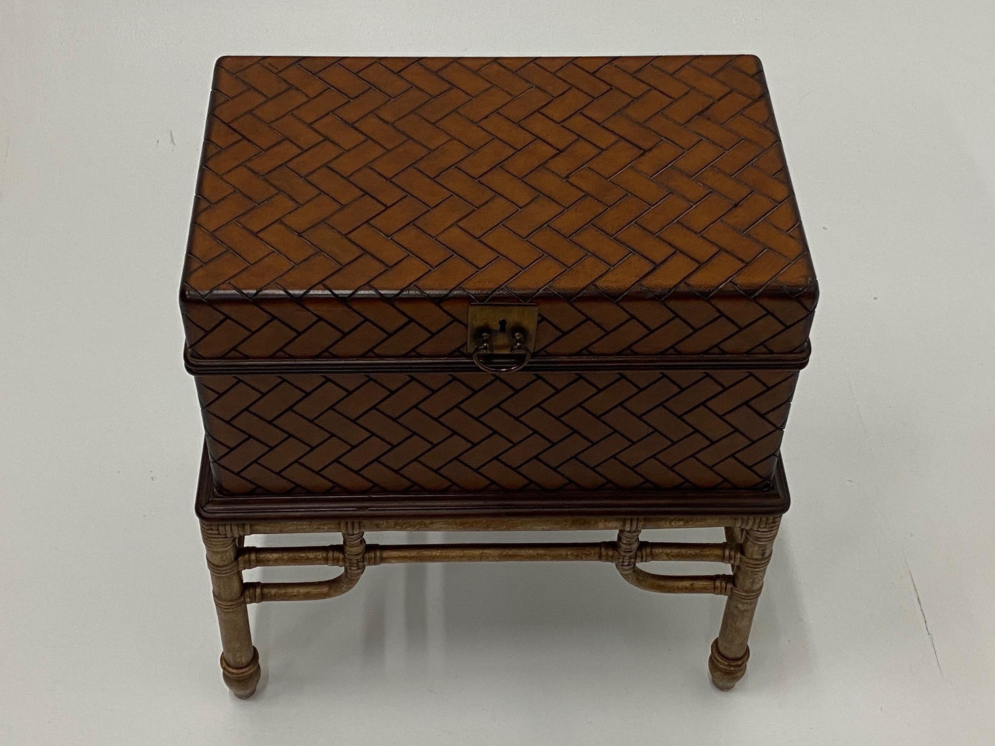Handsome Woven Wooden Box on Bamboo Stand End Table In Excellent Condition In Hopewell, NJ