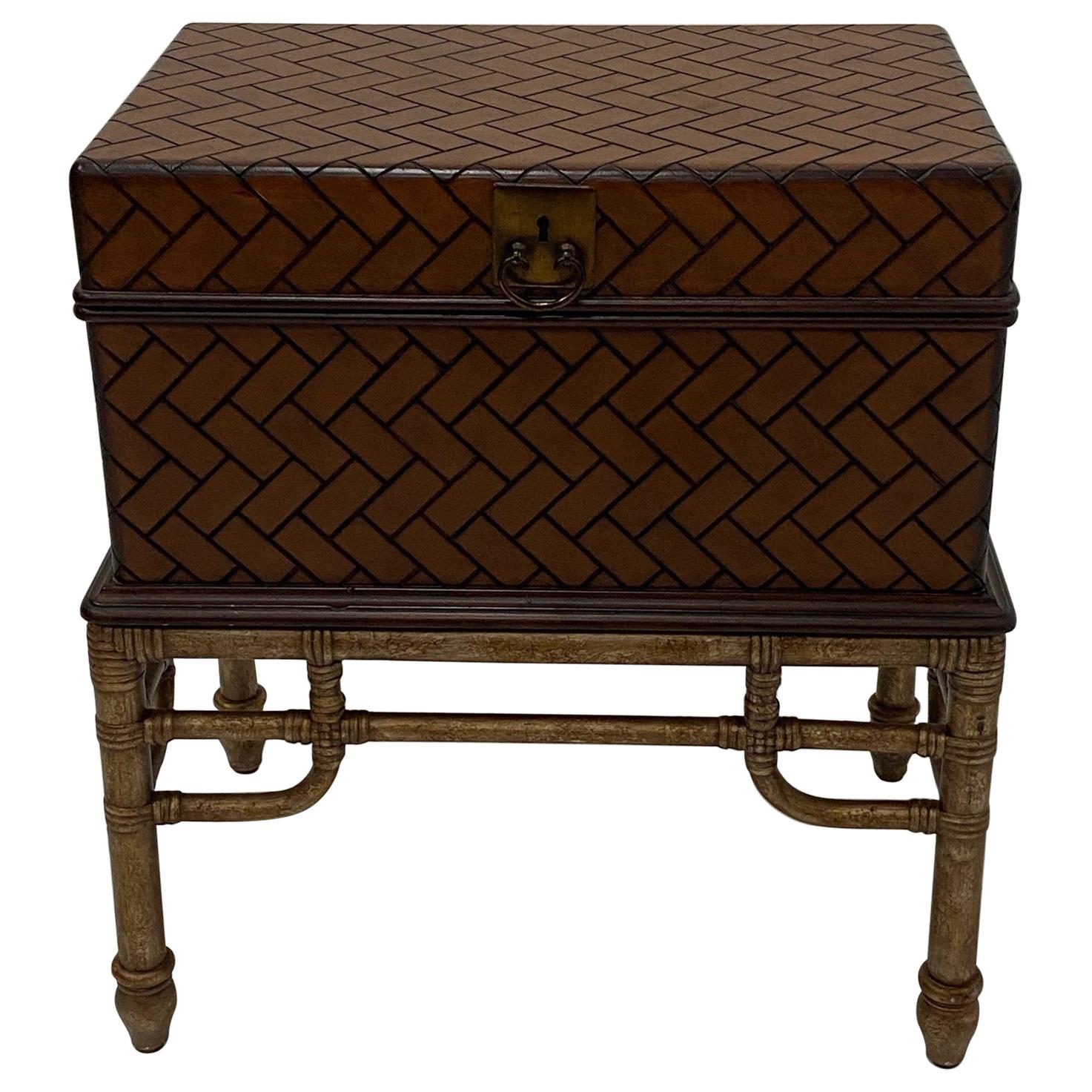 Handsome Woven Wooden Box on Bamboo Stand End Table For Sale
