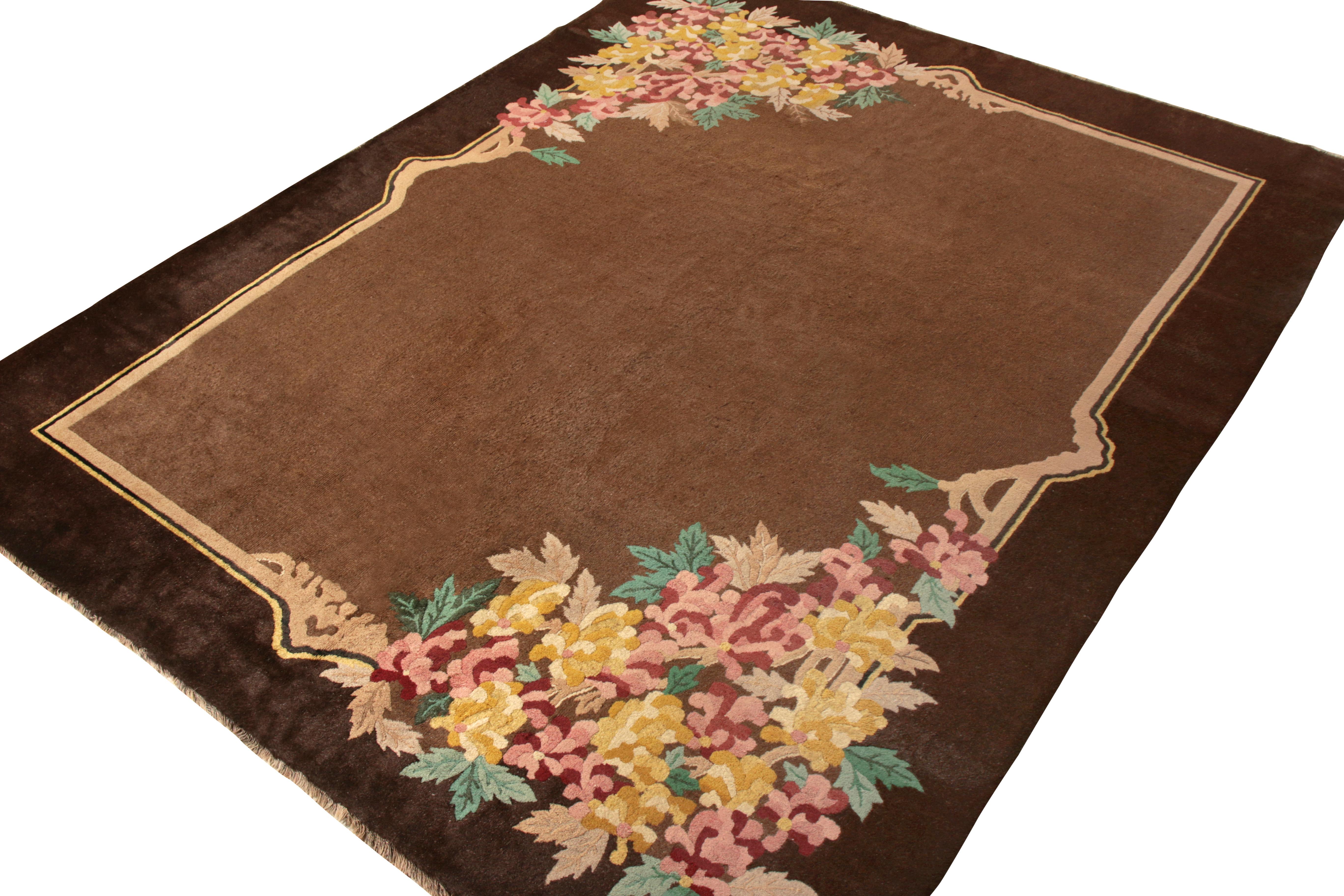Kilim Handspun Antique Chinese Art Deco Rug in Beige-Brown and Pink Floral Patterns