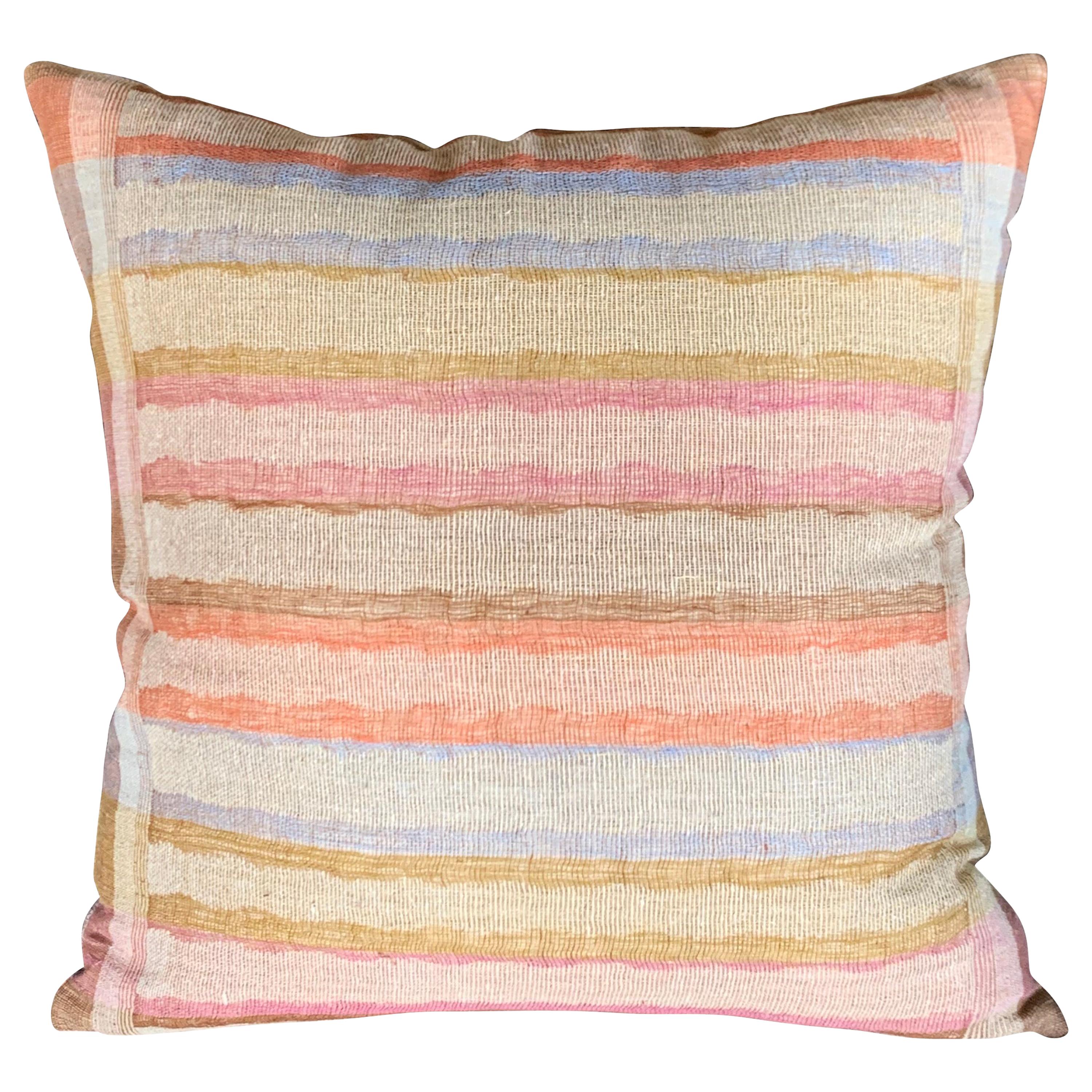 Pale Coral, Pale Blue, Yellow Handspun Linen Pillow, Indonesia, Contemporary