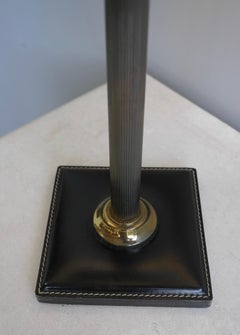 Handstitched Black Leather Table Lamp with Green Silk Shade, France, 1960s