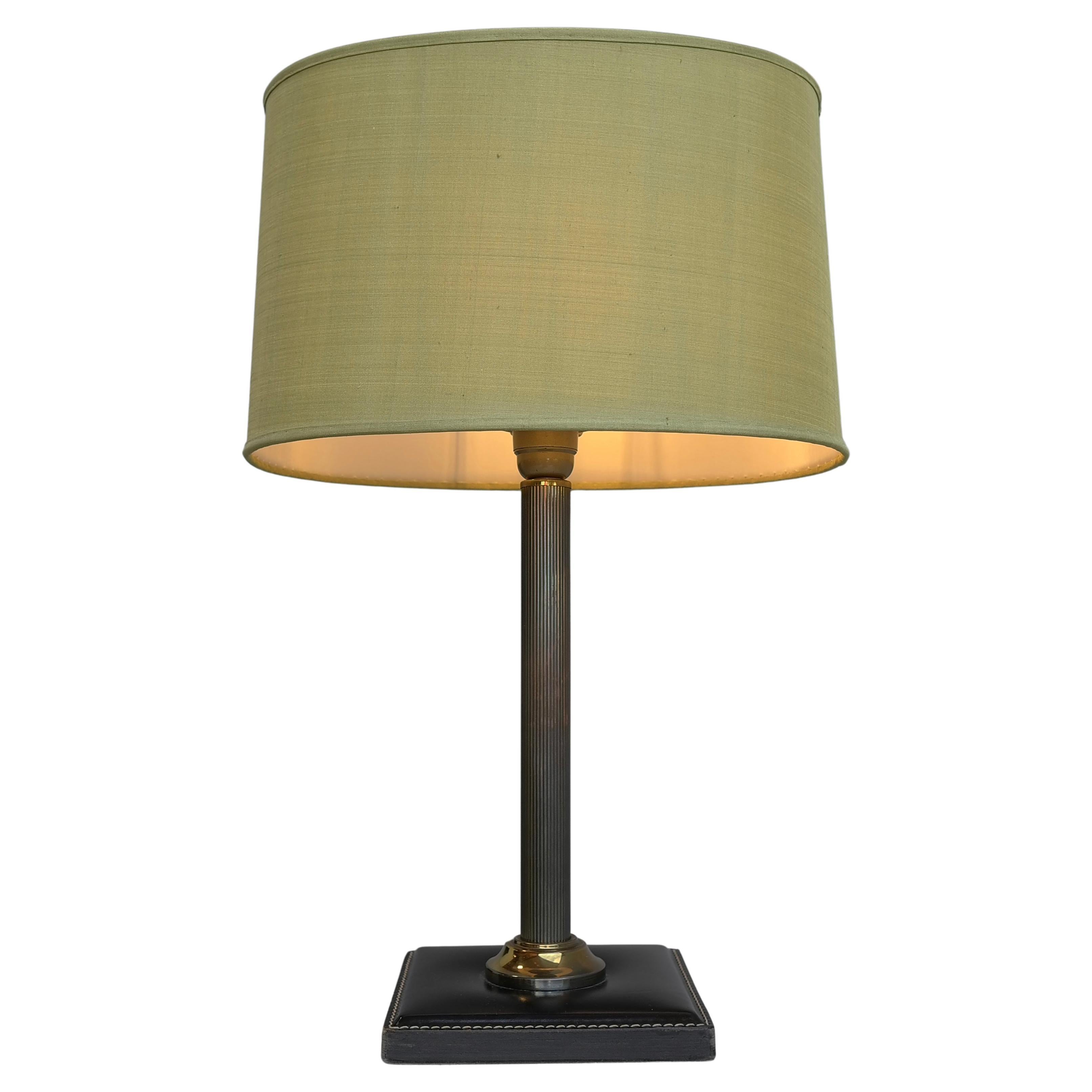 Handstitched Black Leather Table Lamp with Green Silk Shade, France, 1960s