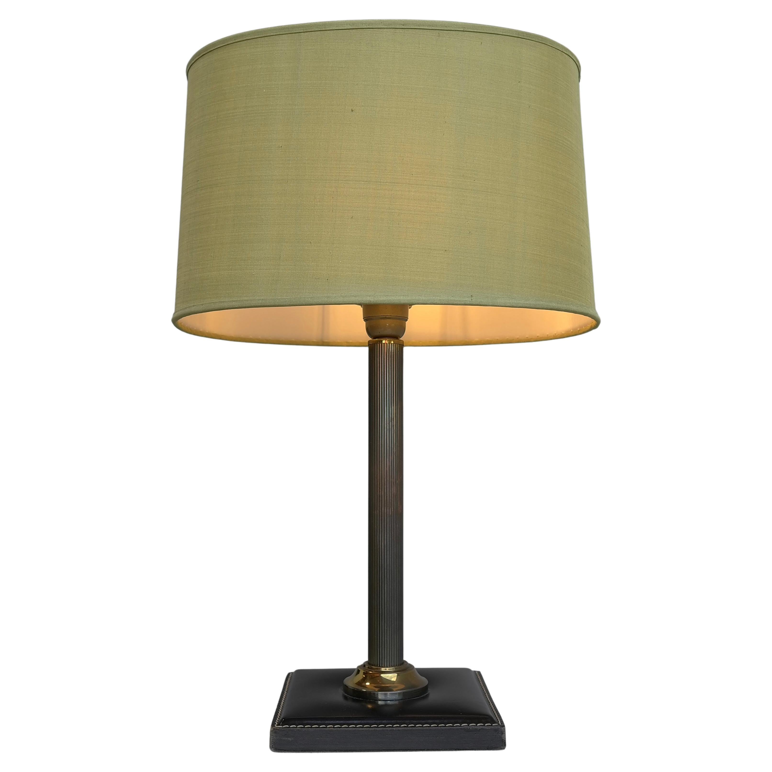 Handstitched Black Leather Table Lamp with Green Silk Shade, France, 1960s