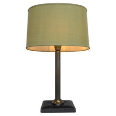 Vintage Handstitched Black Leather Table Lamp with Green Silk Shade, France, 1960s