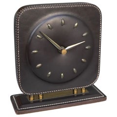 Handstitched Dark Brown Leather Clock Attributed to Jacques Adnet, France, 1960s