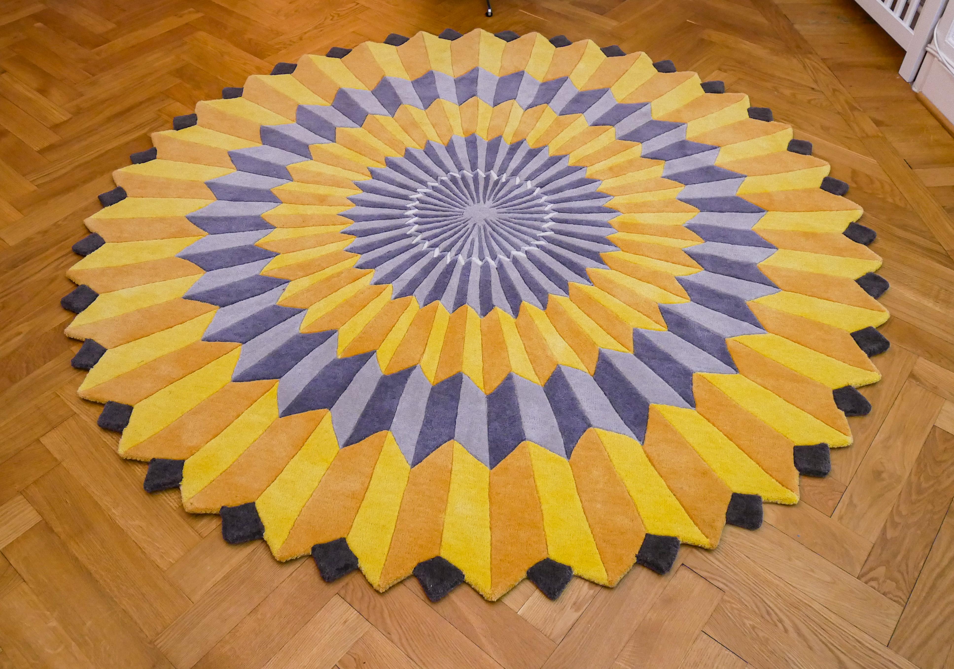 Modern Handtufted Round Yellow & Grey Rug, Rosette NY - Swedish Artist Annika Johansson For Sale