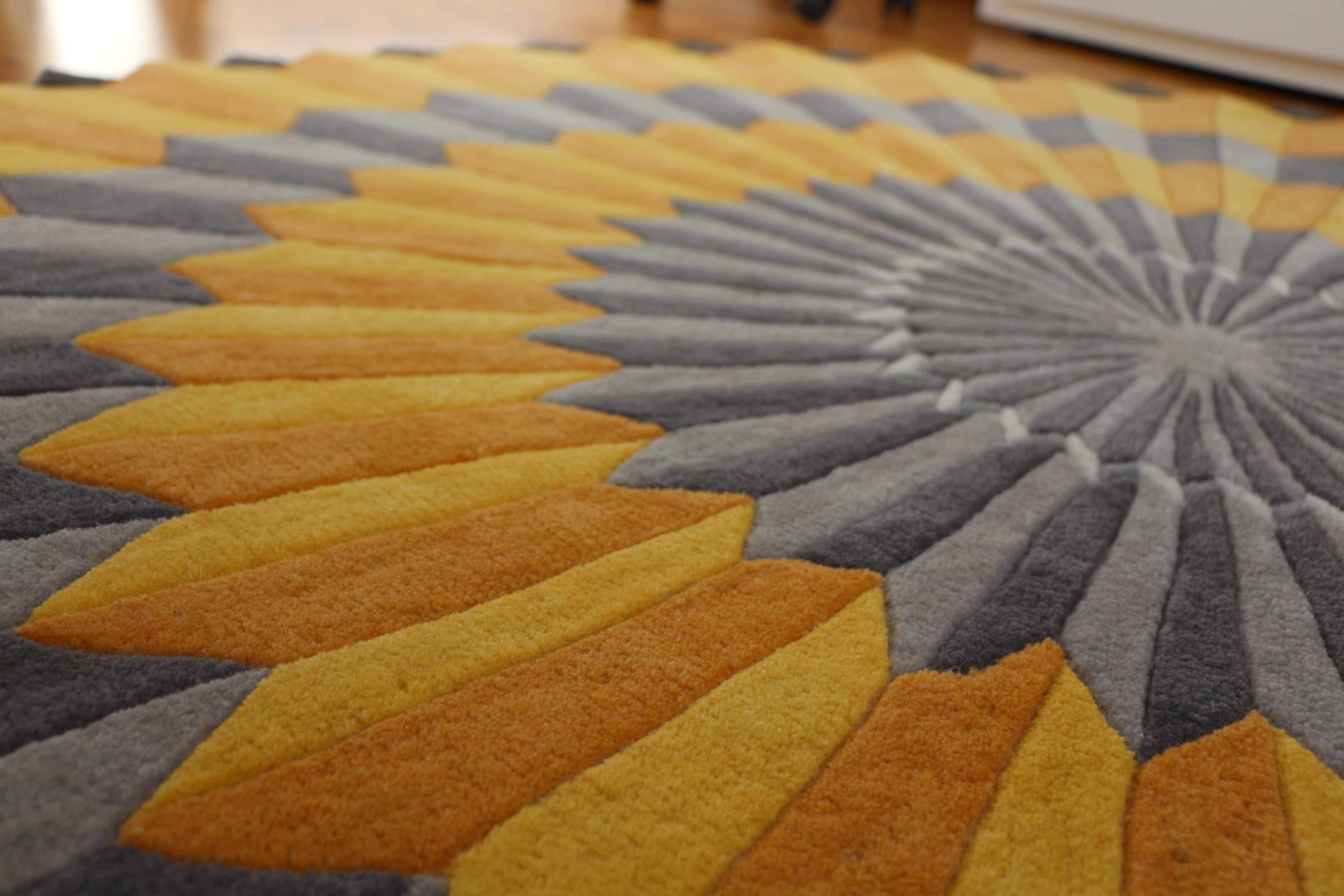Indian Handtufted Round Yellow & Grey Rug, Rosette NY - Swedish Artist Annika Johansson For Sale