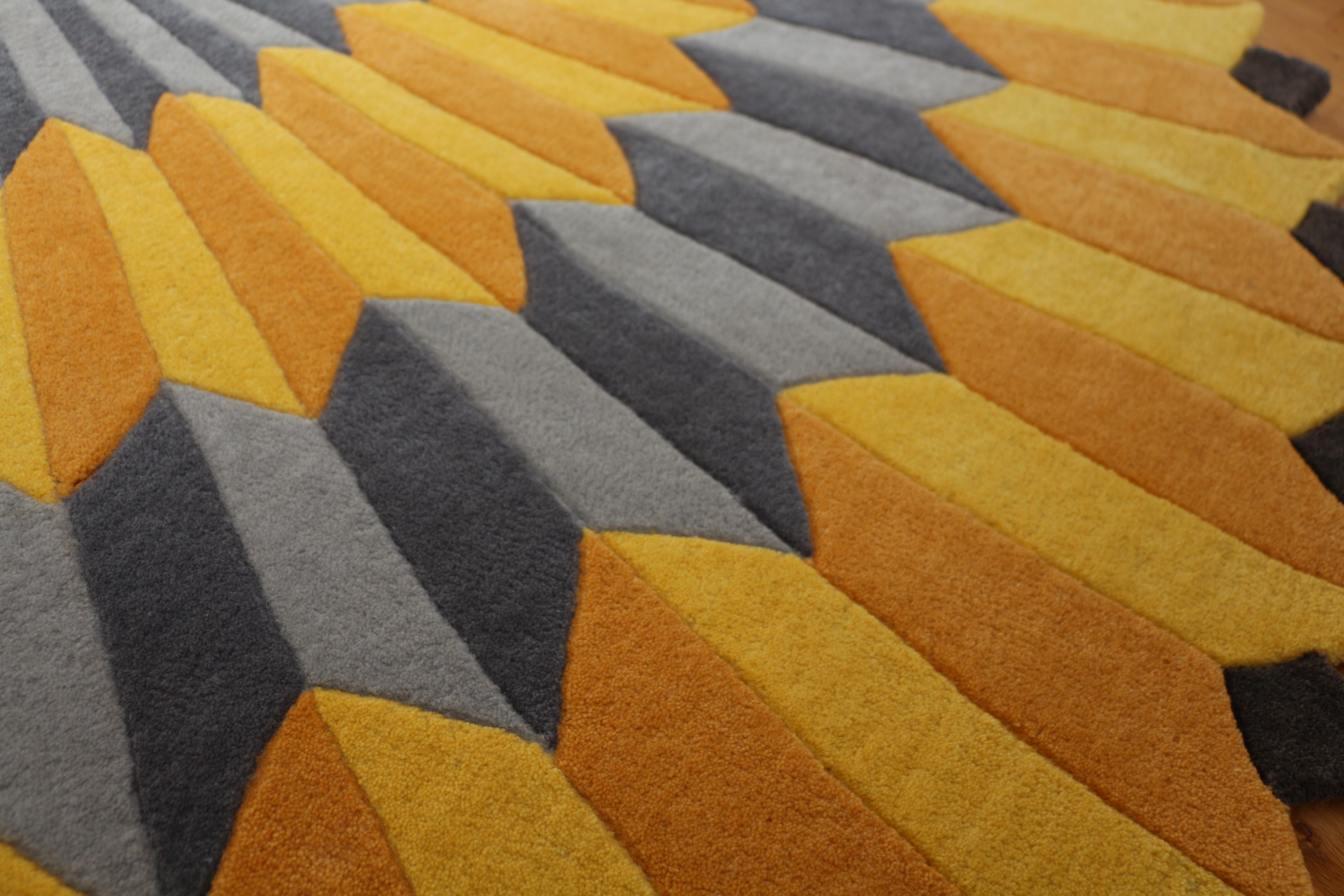 Hand-Woven Handtufted Round Yellow & Grey Rug, Rosette NY - Swedish Artist Annika Johansson For Sale