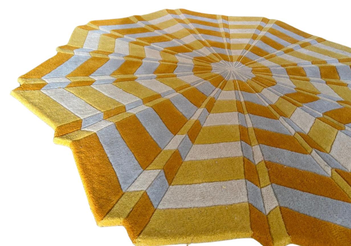 Hand-Woven Handtufted Round Yellow & White Rug, Star - Swedish Artist Annika Johansson For Sale