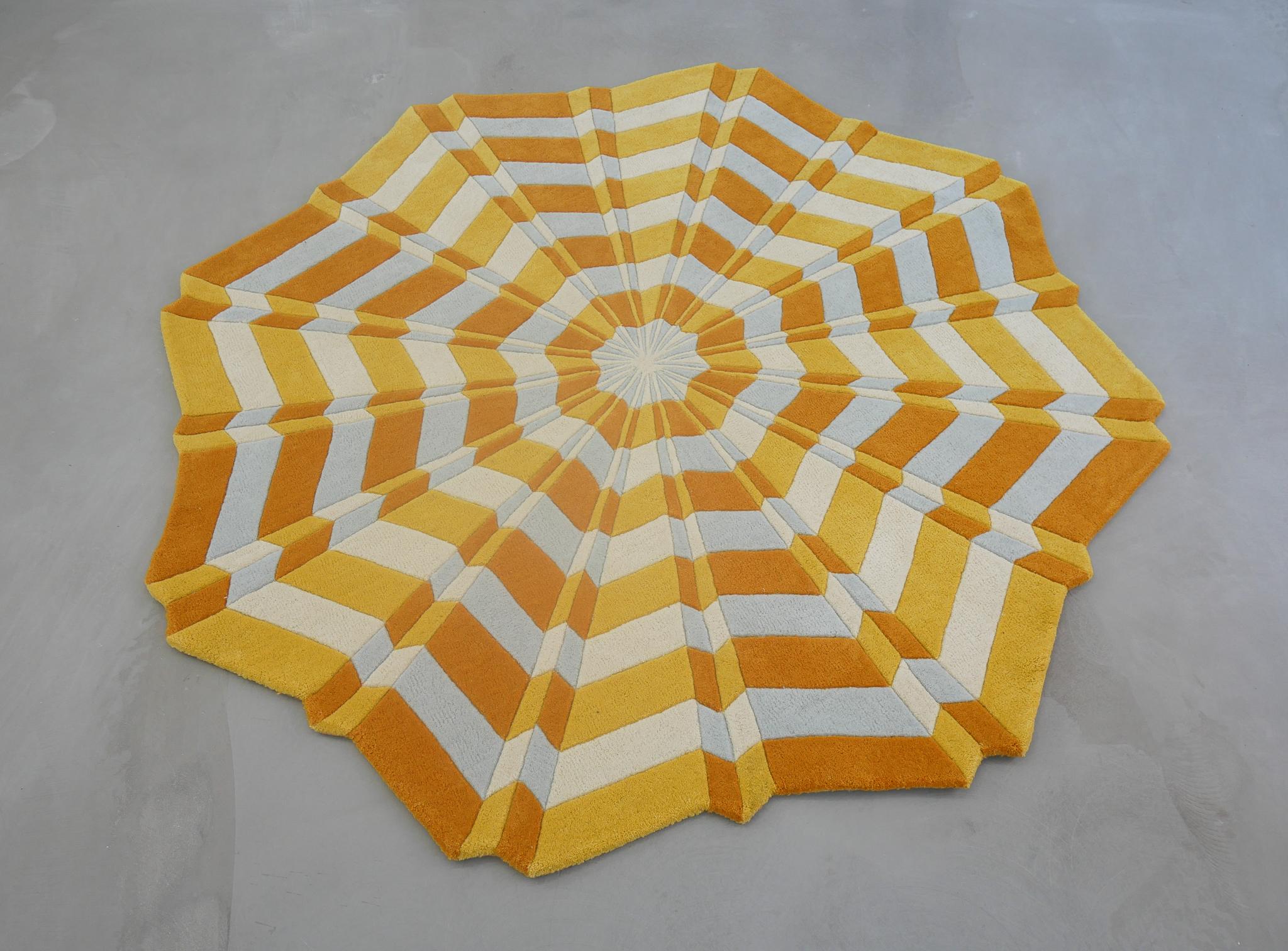 Wool Handtufted Round Yellow & White Rug, Star - Swedish Artist Annika Johansson For Sale
