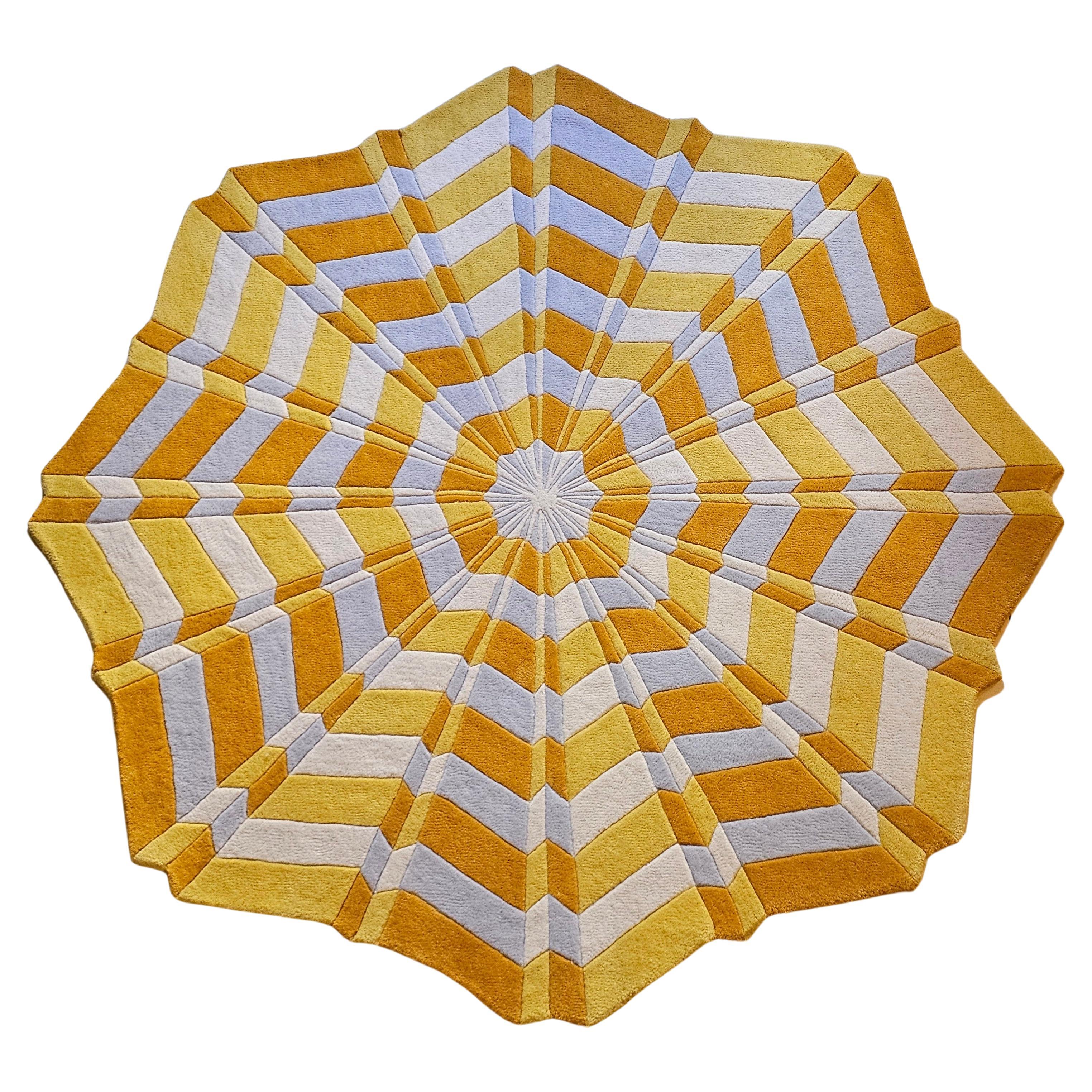 Handtufted Round Yellow & White Rug, Star - Swedish Artist Annika Johansson