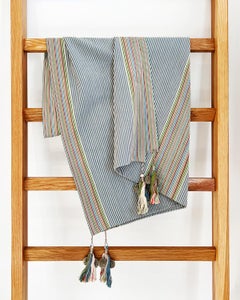 Handwoven 100% Cotton Throw Blanket in Teal and Green Stripes with Pompoms