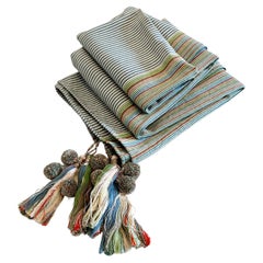 Handwoven 100% Cotton Throw Blanket in Teal and Green Stripes with Pompoms