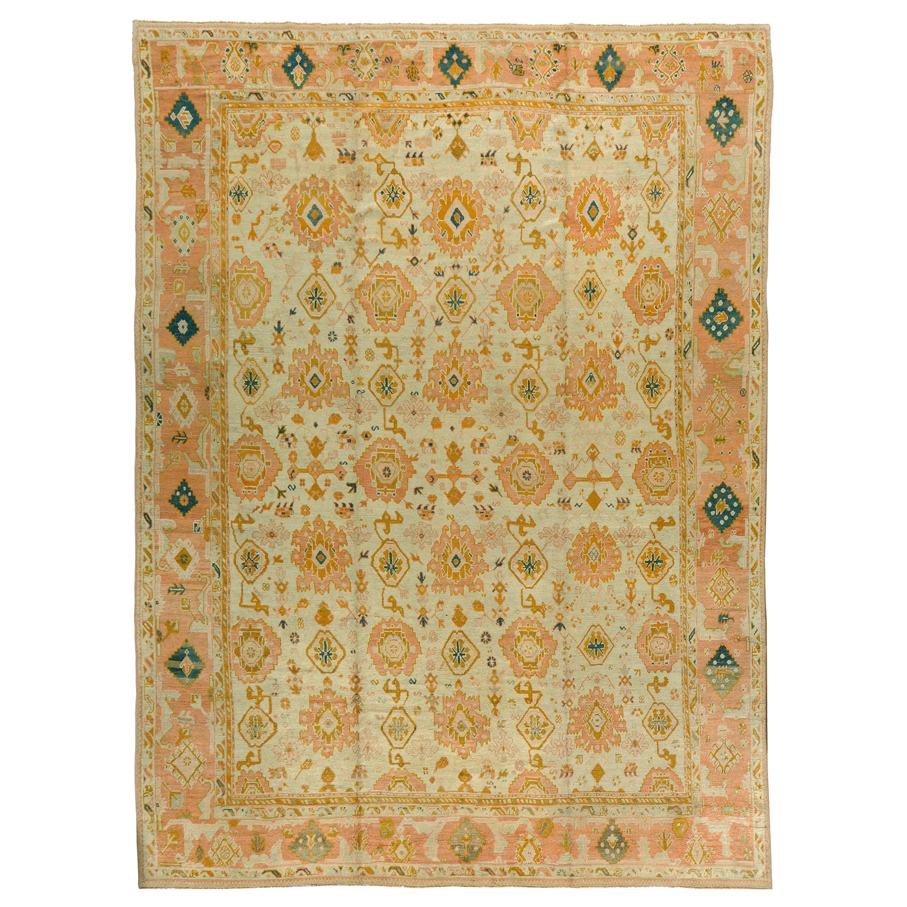 Handgewebter antiker türkischer Oushak-Teppich aus dem 19. Jahrhundert