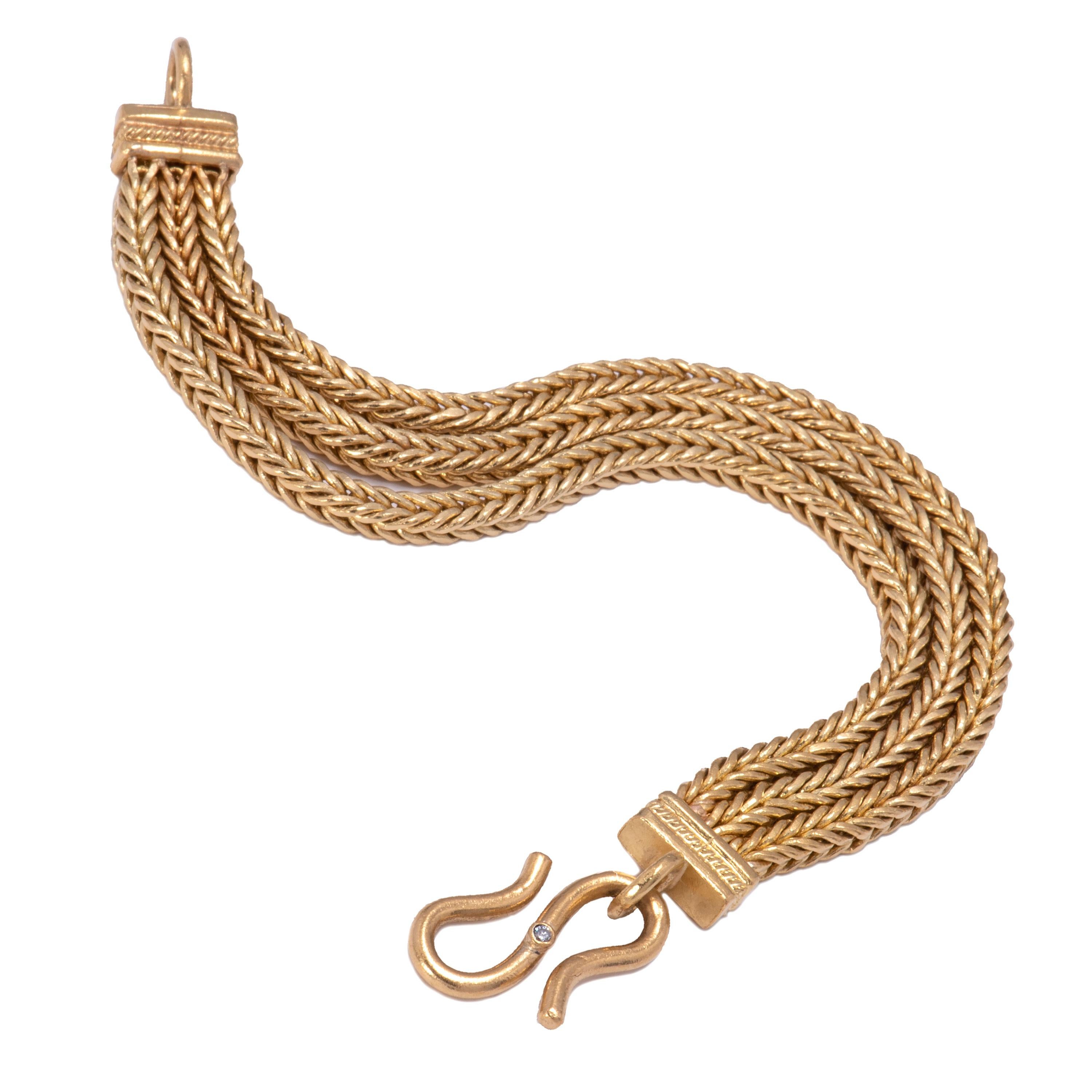 Contemporary Handwoven 22 Karat Gold Triple Strand Bracelet For Sale