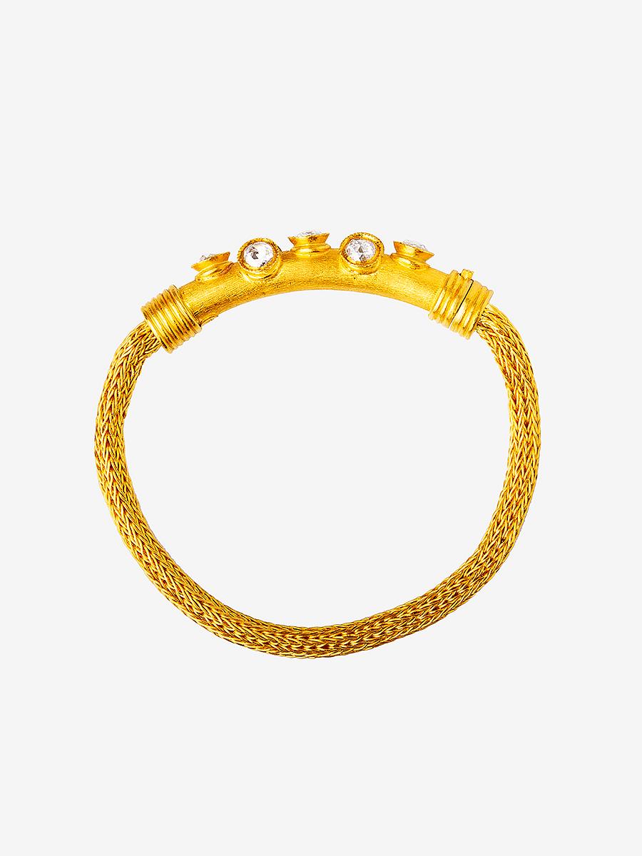 Handwoven 24K Gold Chain Bracelet Adorned with Rose Cut Diamonds
Gold Weight        : 35.75 Grams 24K
Diamond Weight : 1.69 Ct's 
