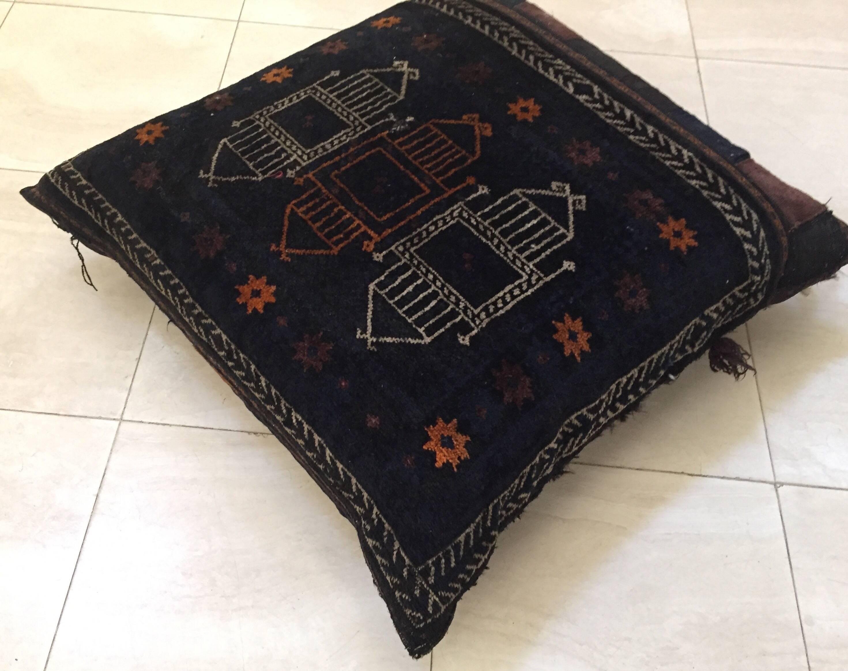 19th Century Handwoven Afghan Baluch Saddle Tribal Bag, 1880s Large Floor Pillow