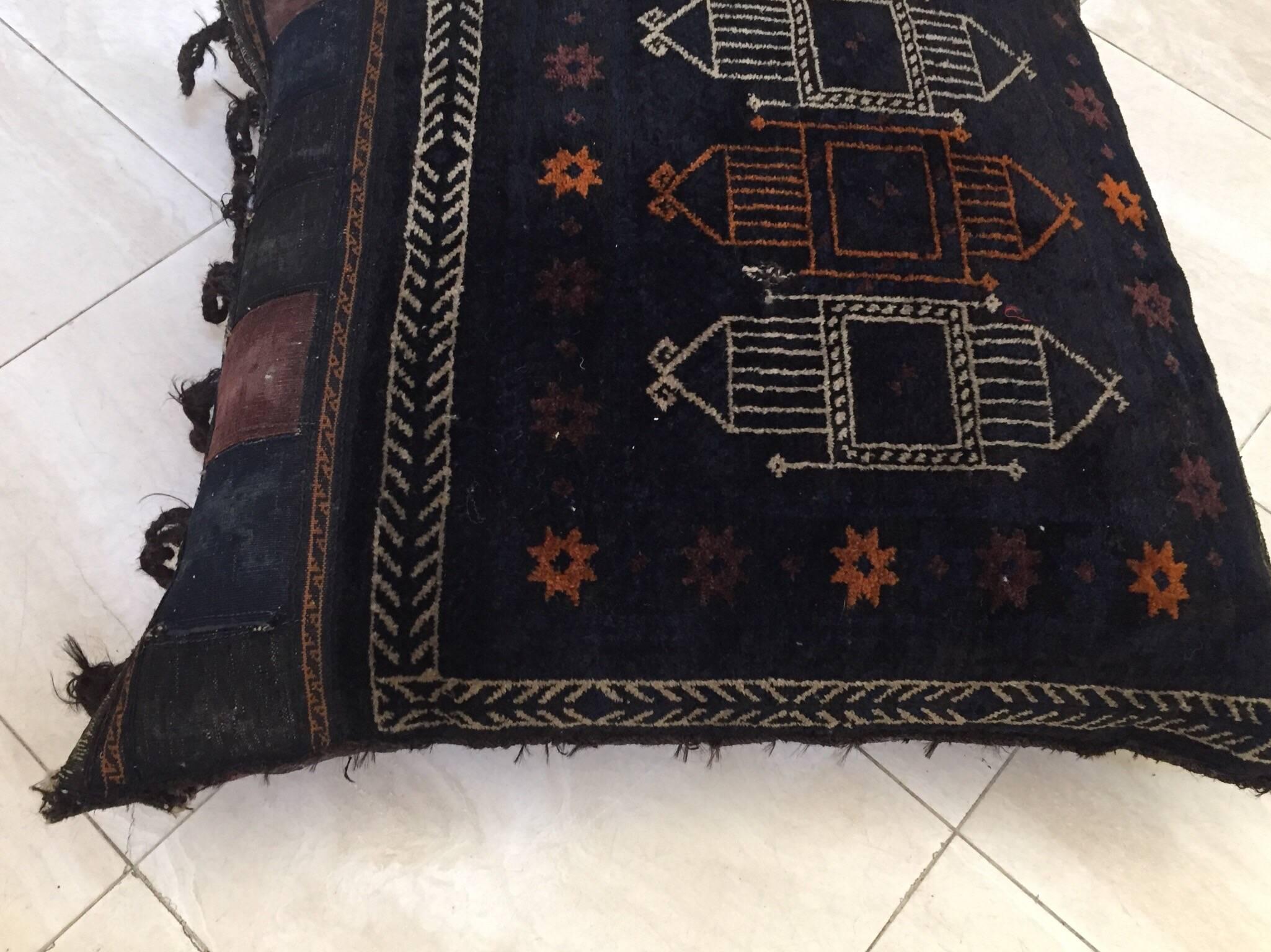 Handwoven Afghan Baluch Saddle Tribal Bag, 1880s Large Floor Pillow 1