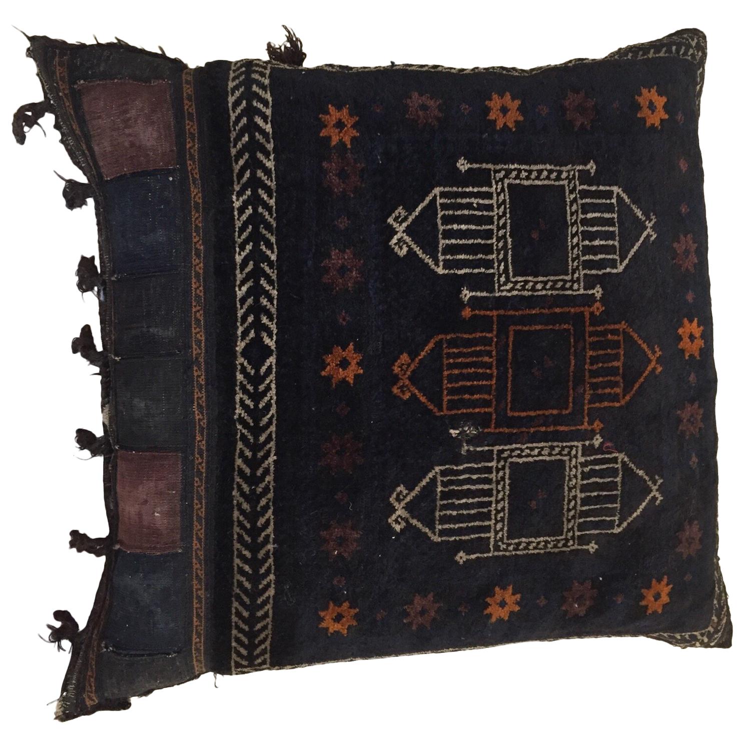 Handwoven Afghan Baluch Saddle Tribal Bag, 1880s Large Floor Pillow