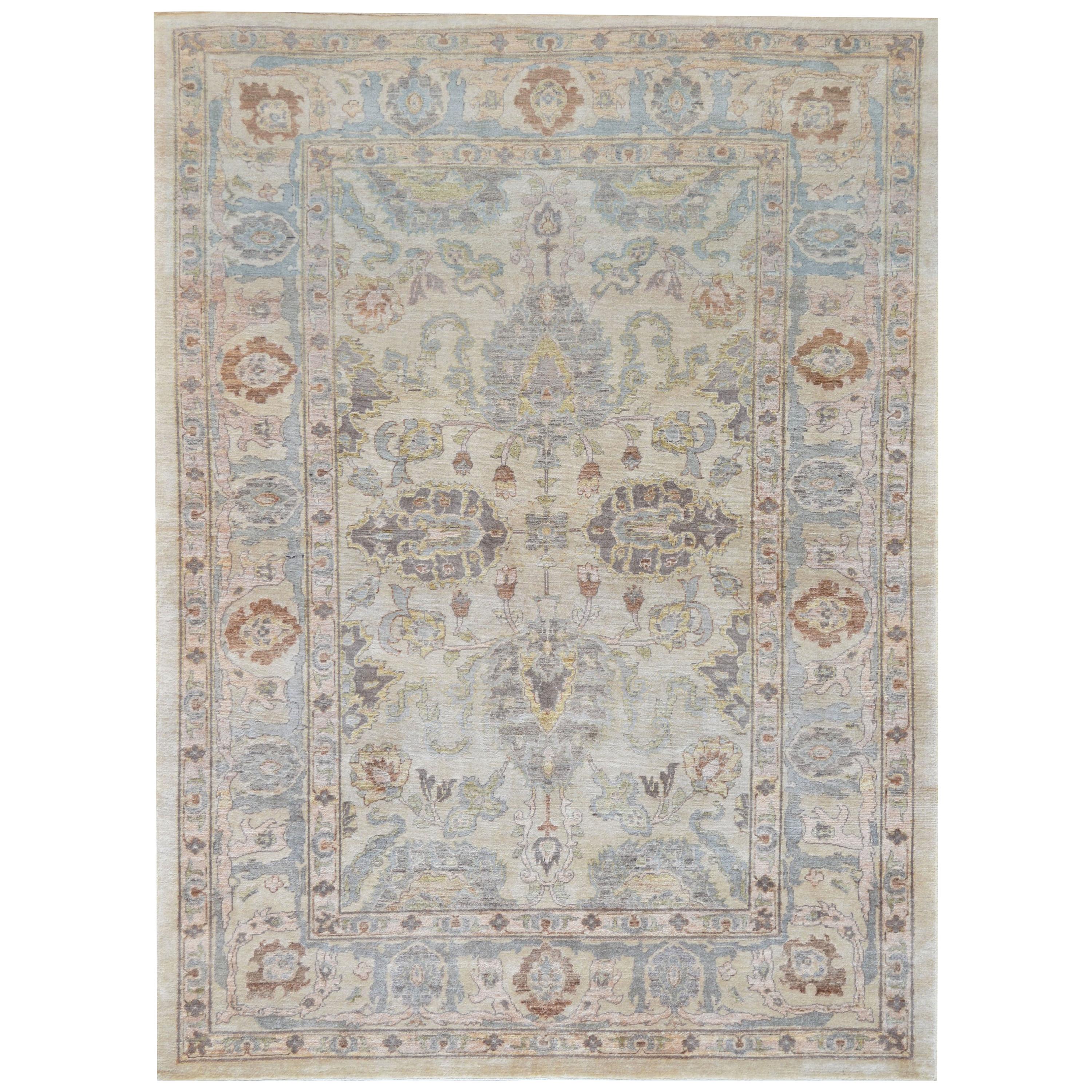 100% Wool Hand-Knotted Contemporary Agra-Inspired Rug For Sale