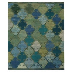 Handspun Anatolian Kilim Rug - Green and Blue Hexagonal Pattern, Wool