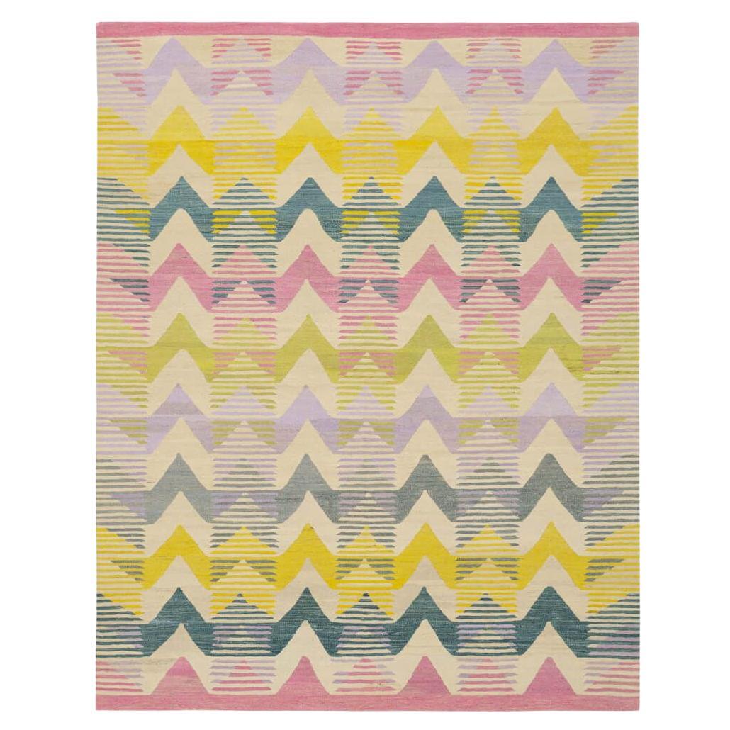 Handgewebter Anatolischer Kelim-Teppich - Mehrfarbiges Chevron-Muster, Vintage-Wolle im Angebot