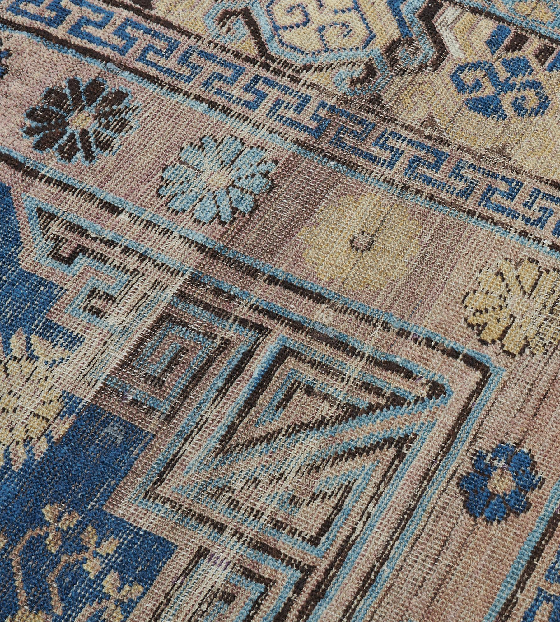 Hand-Knotted Handwoven Antique Blue Khotan Rug from East Turkestan For Sale