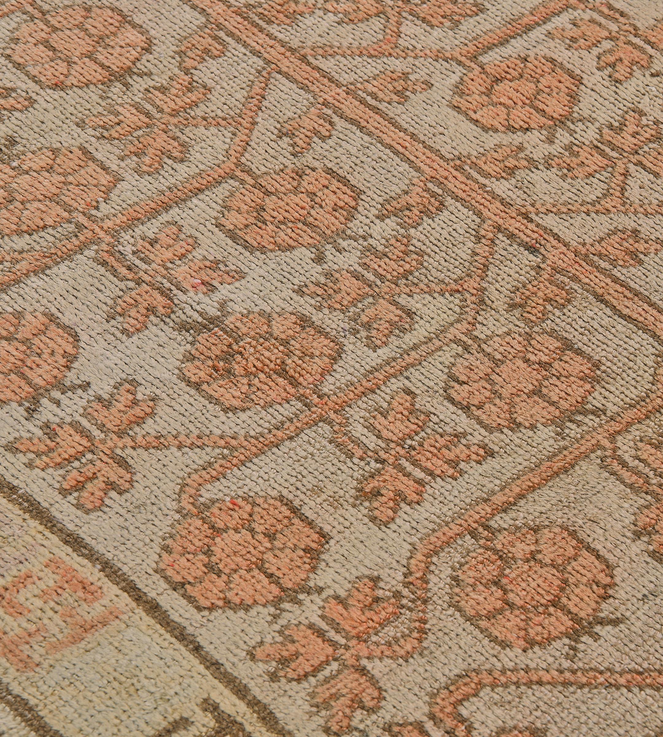 East Turkestani Handwoven Antique Buff-Brown Pomegranate Khotan Rug For Sale