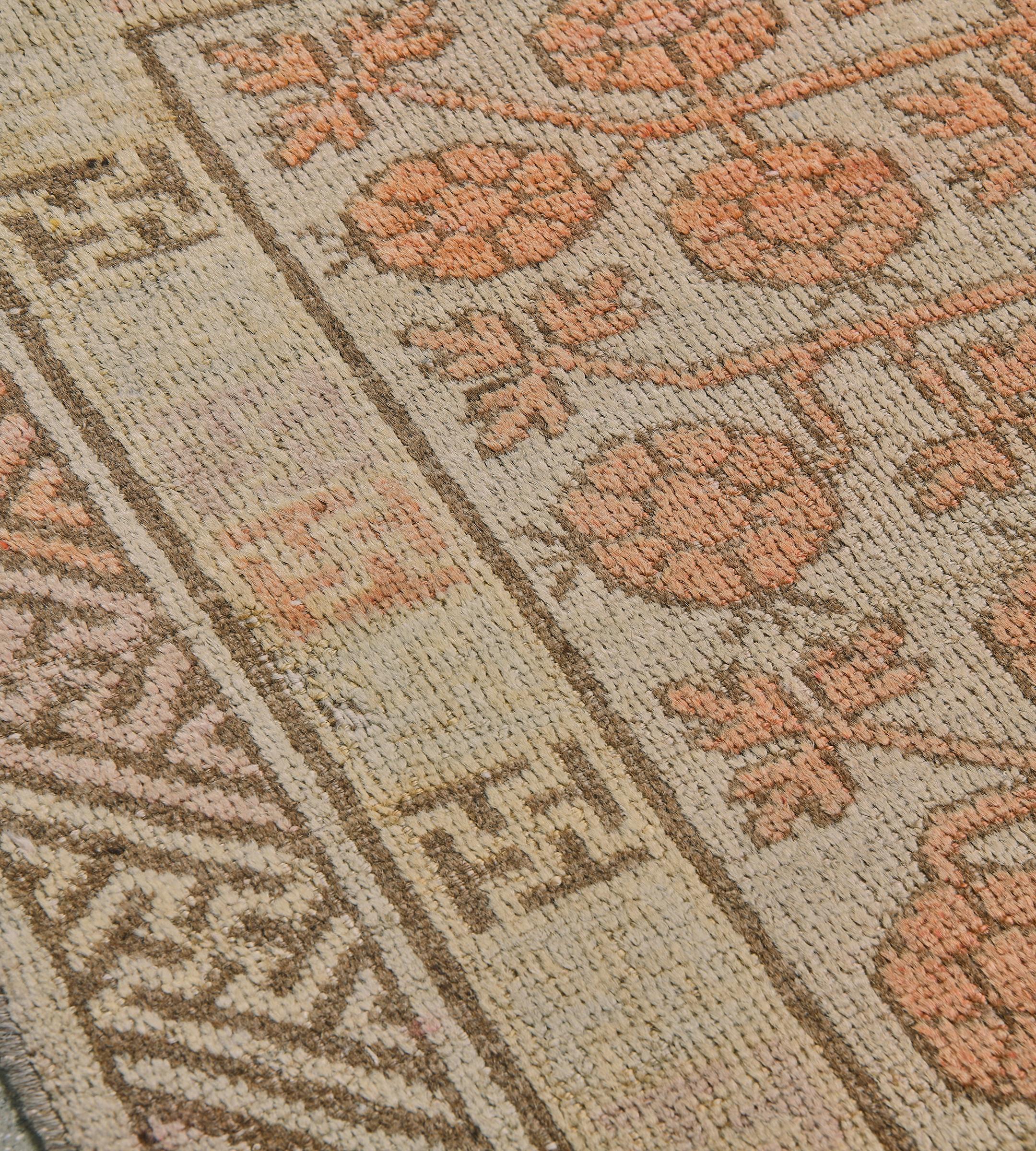 Hand-Knotted Handwoven Antique Buff-Brown Pomegranate Khotan Rug For Sale
