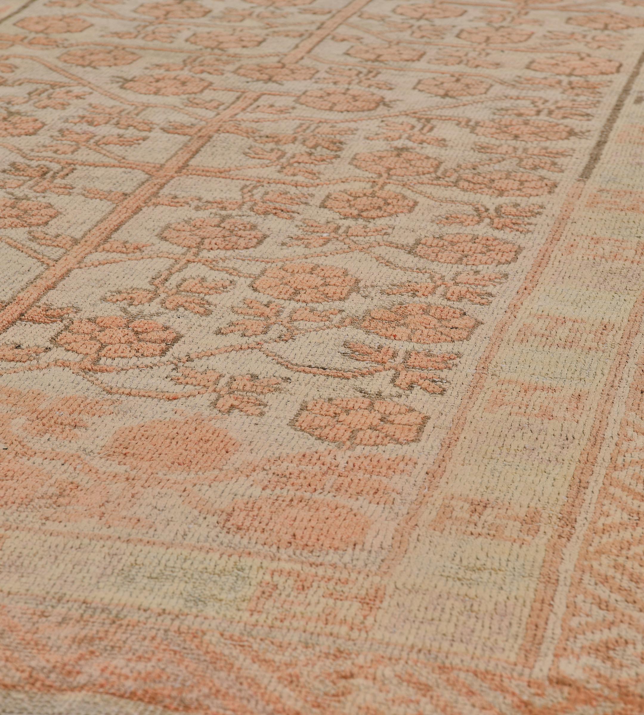 20th Century Handwoven Antique Buff-Brown Pomegranate Khotan Rug For Sale