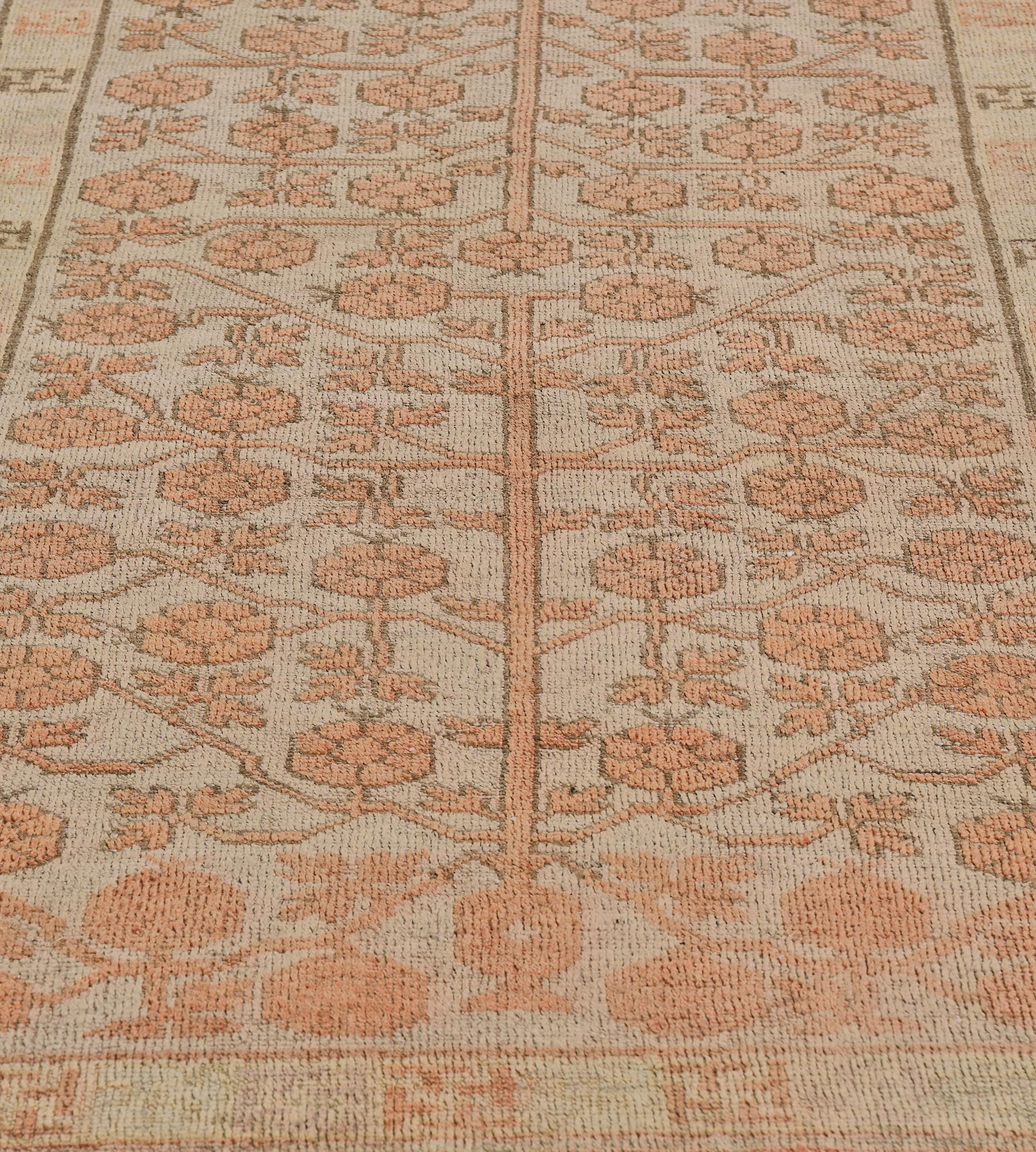 Wool Handwoven Antique Buff-Brown Pomegranate Khotan Rug For Sale