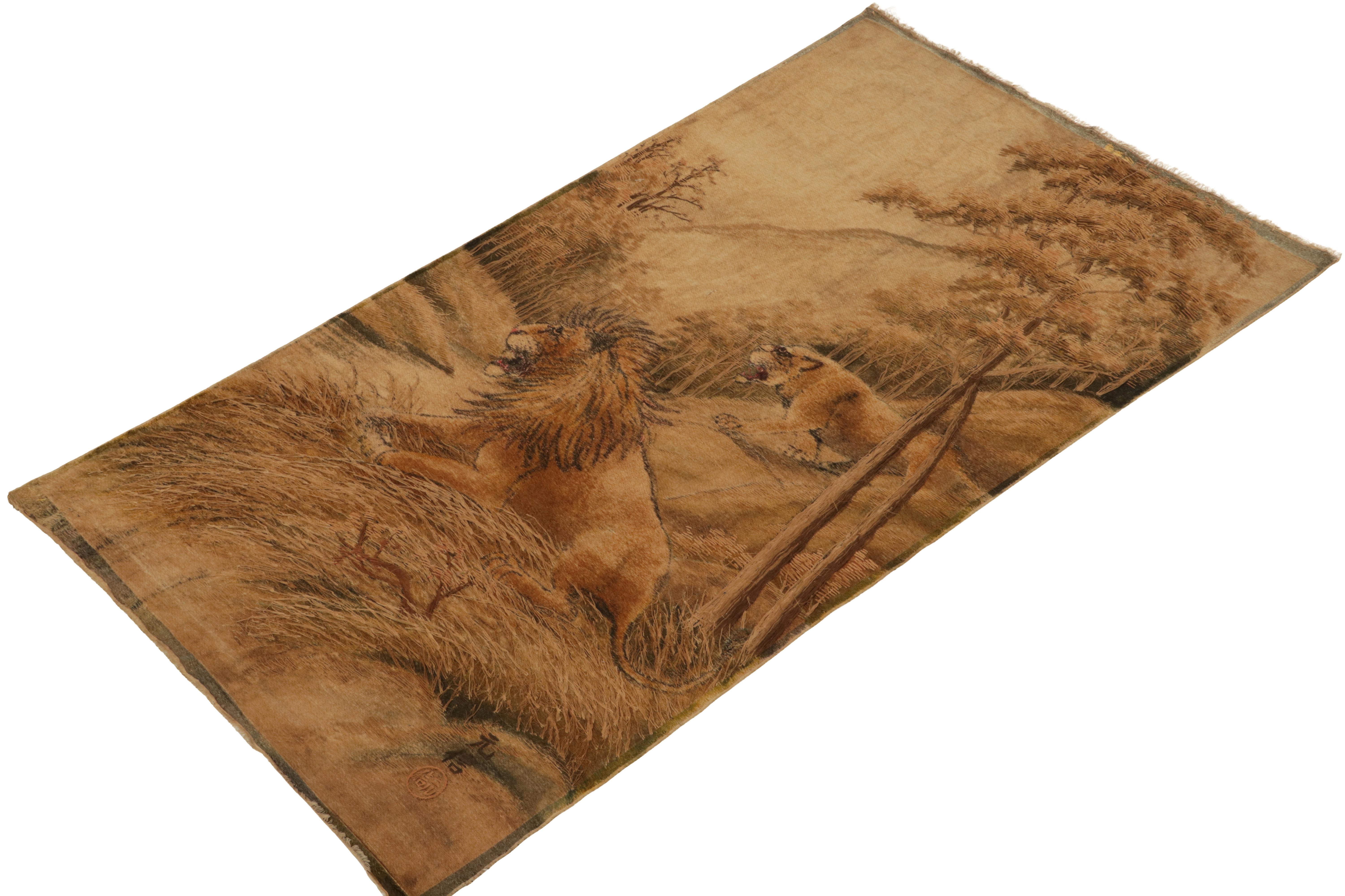 From the most collectible new curations, an antique 3x5 pictorial tapestry from Japan, handwoven in silk circa 1890-1900. 

On the Design: This coveted turn-of-the-century work enjoys a bold depiction of male and female lions in the wild. A subtle